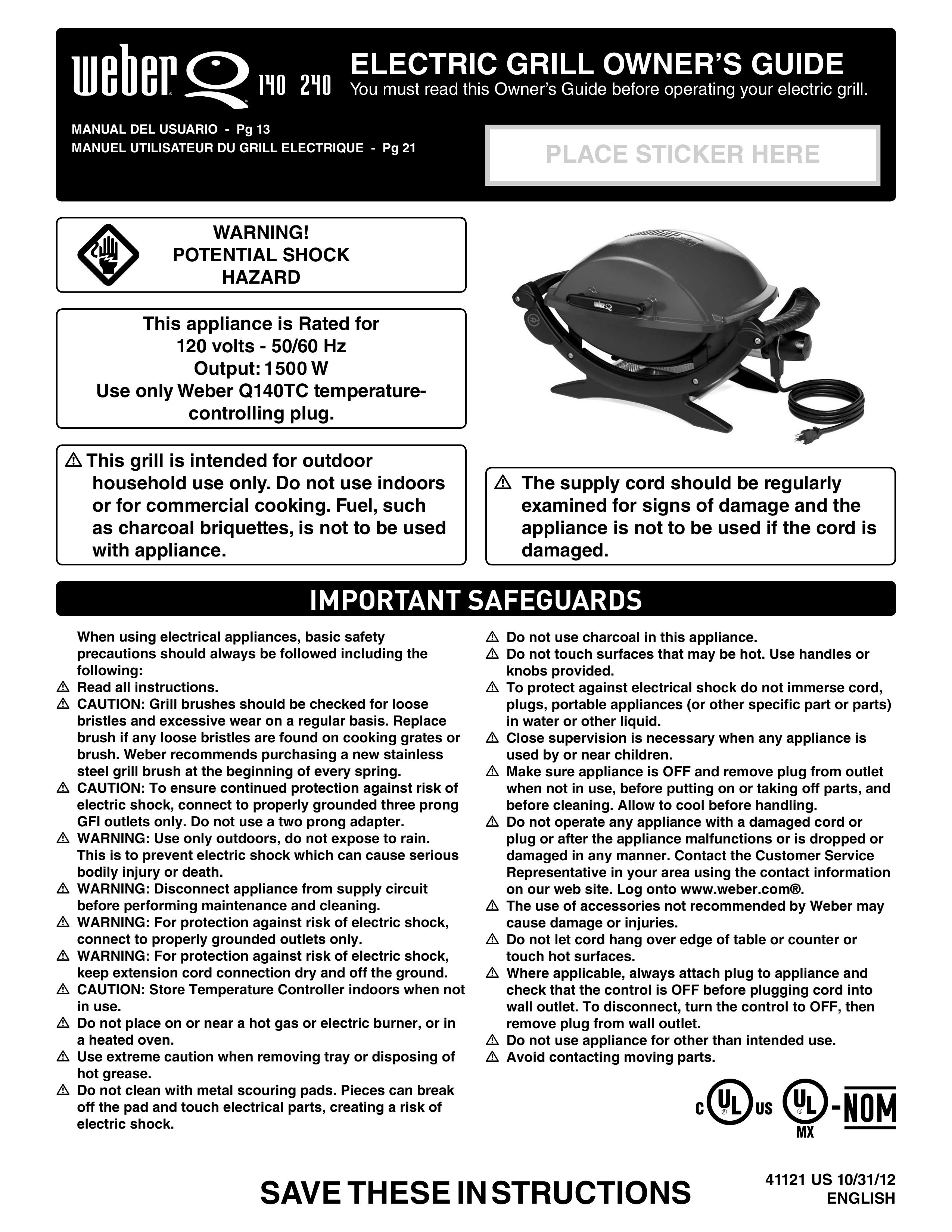 Weber 522001 Electric Grill User Manual
