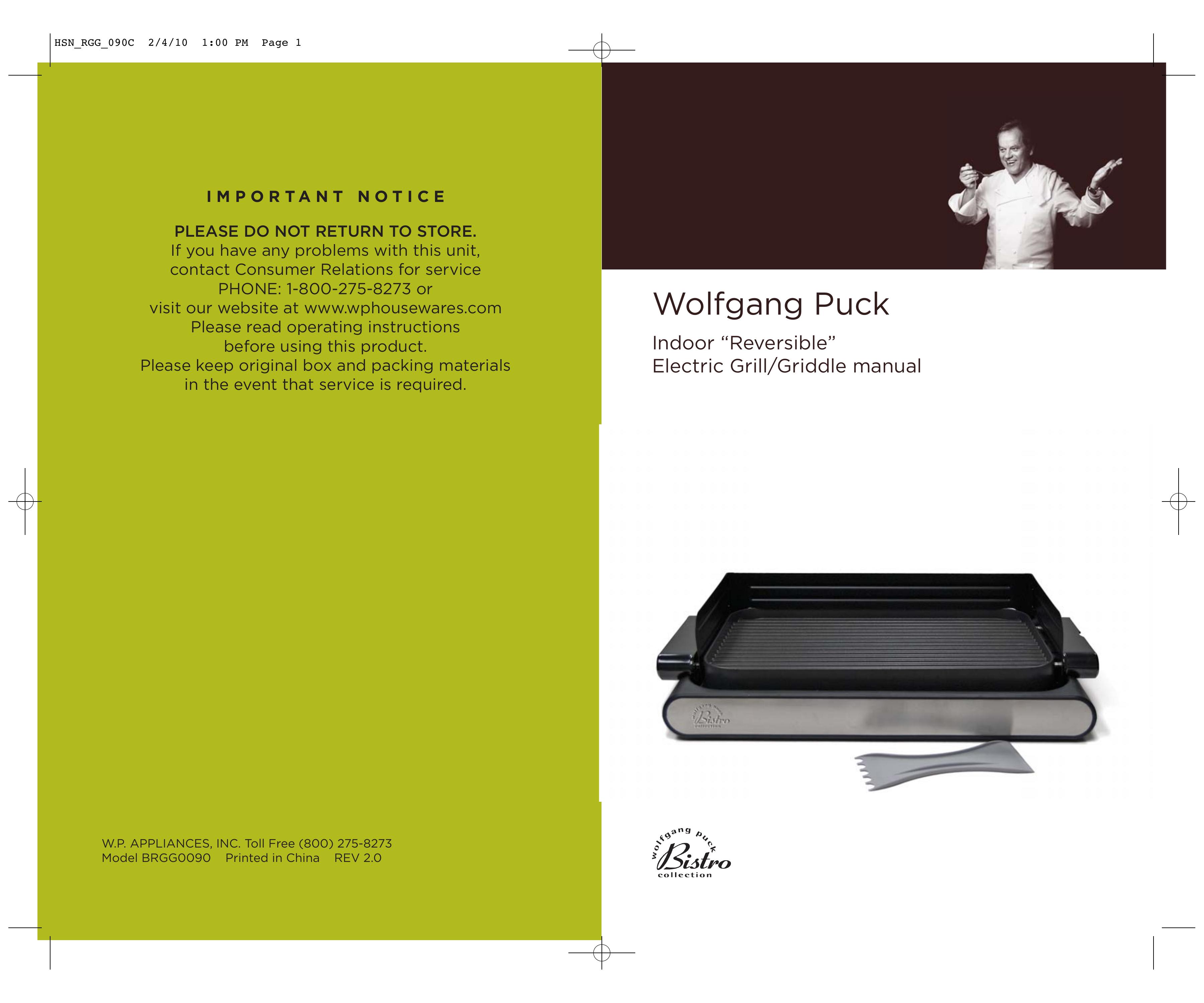 Wolfgang Puck BRGG0090 Electric Grill User Manual