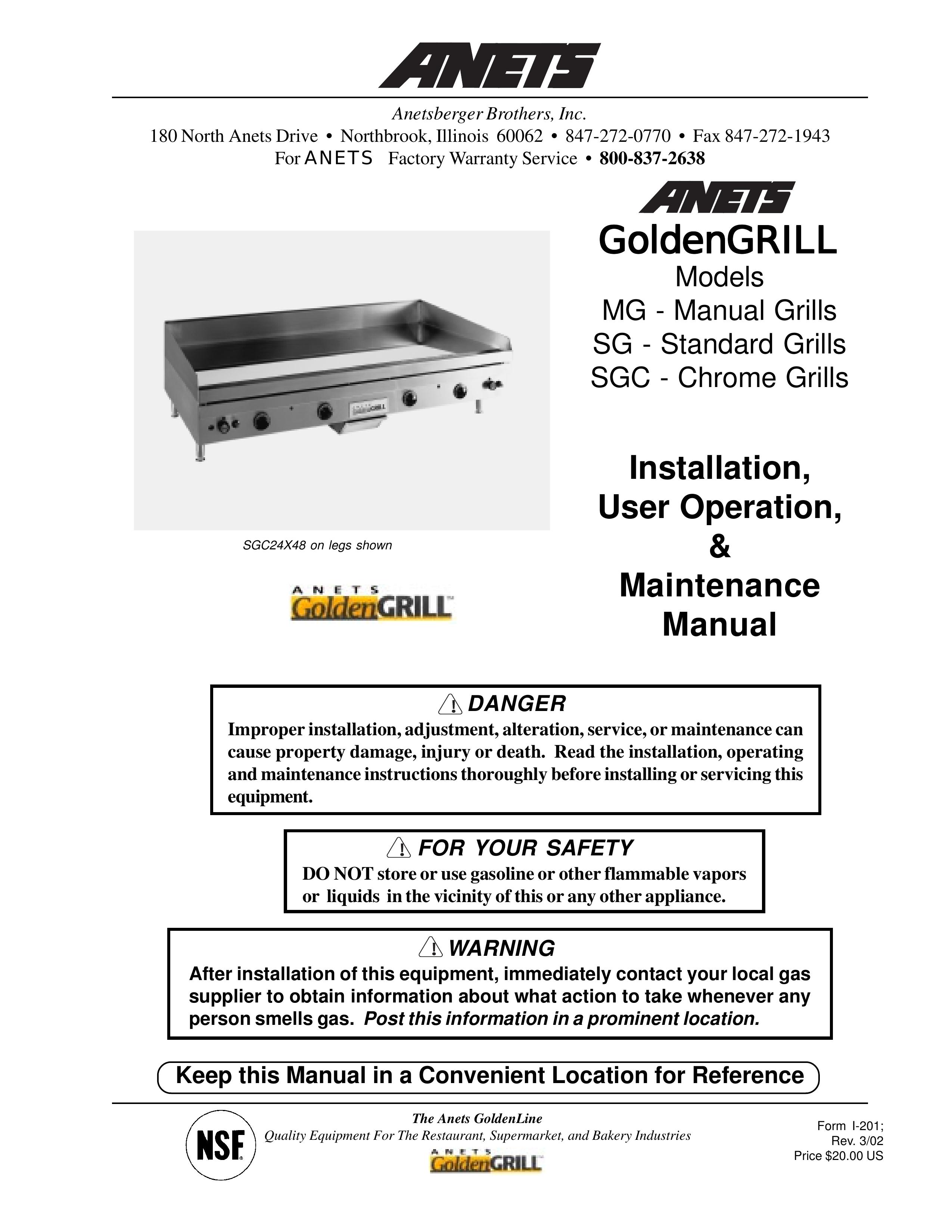 Anetsberger Brothers MG, SG, SGC Gas Grill User Manual