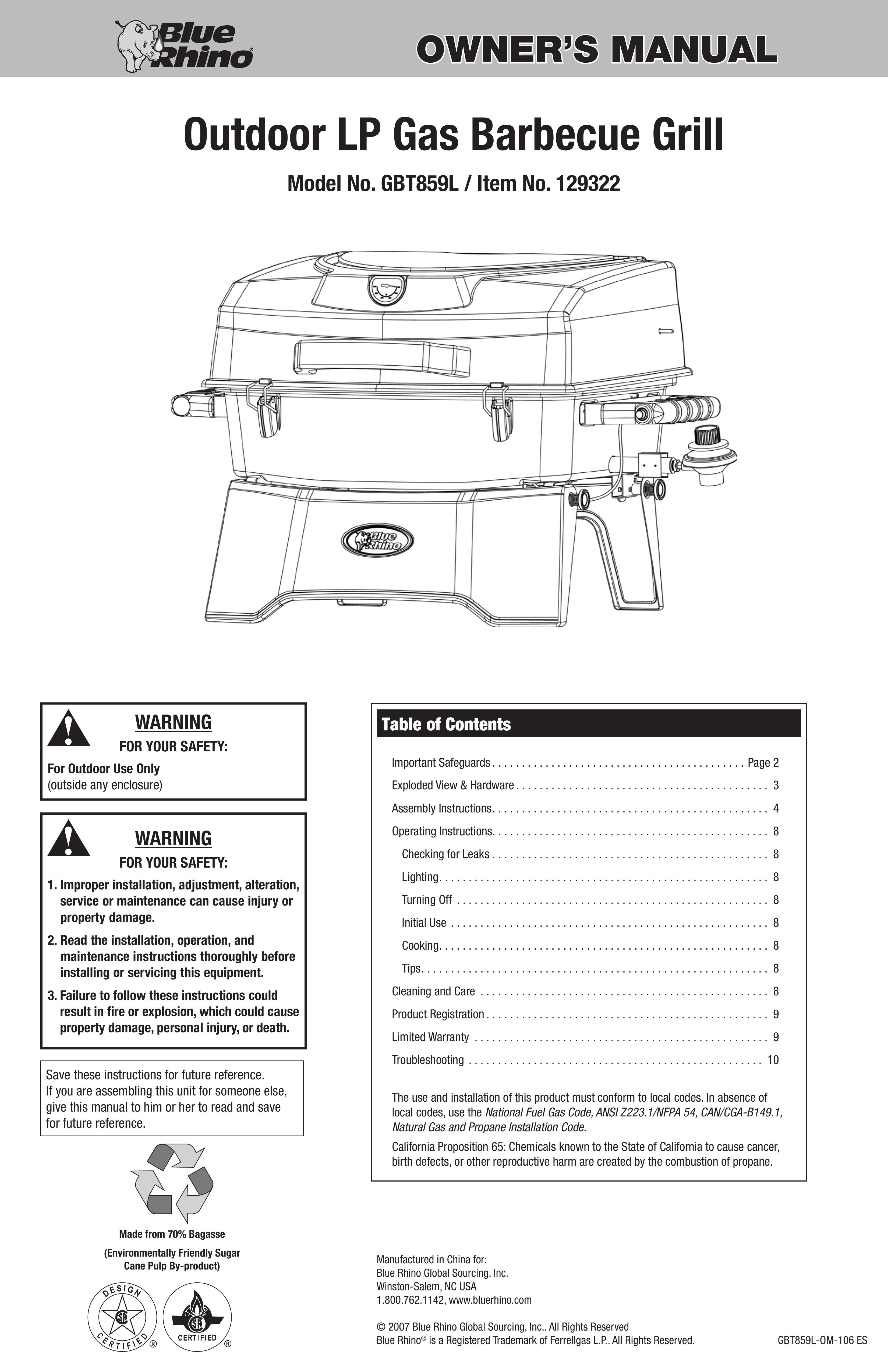 Blue Rhino 129322 Gas Grill User Manual