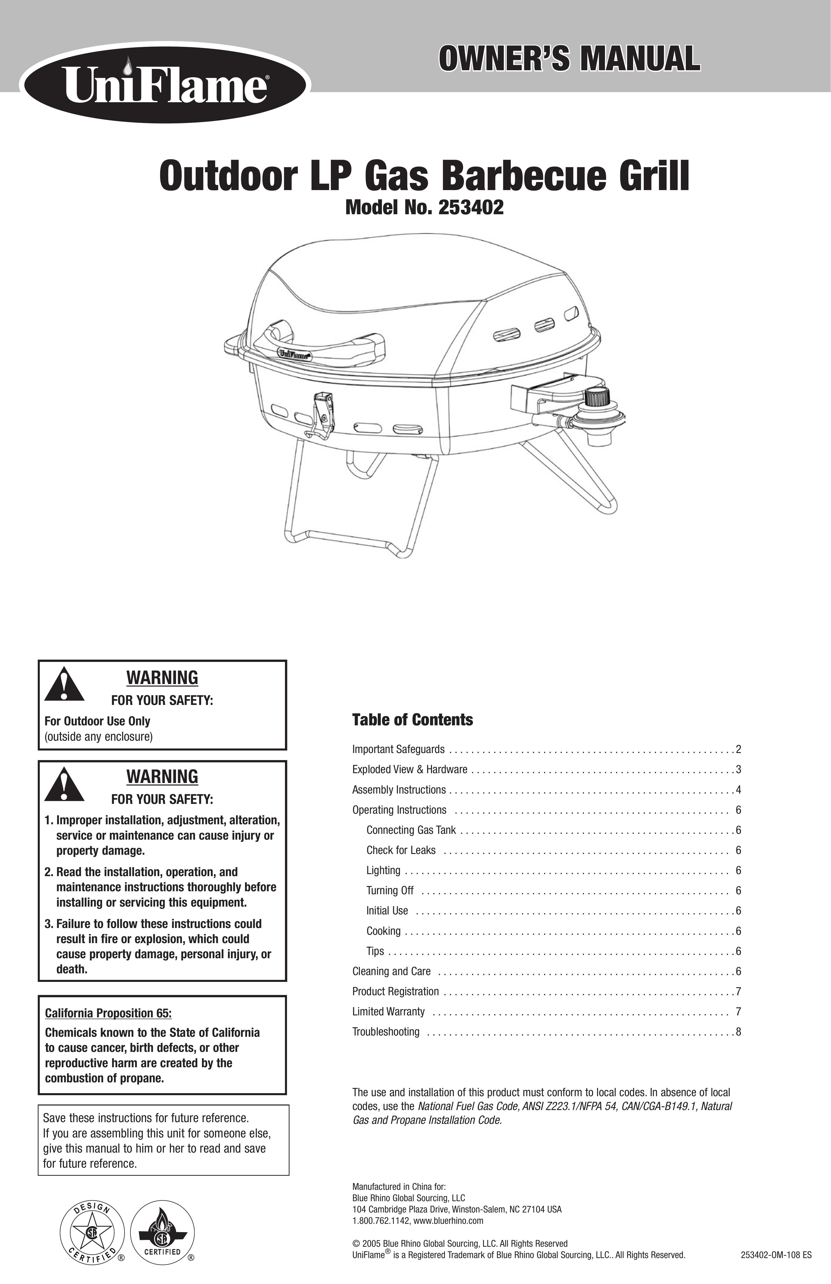Blue Rhino 253402 Gas Grill User Manual