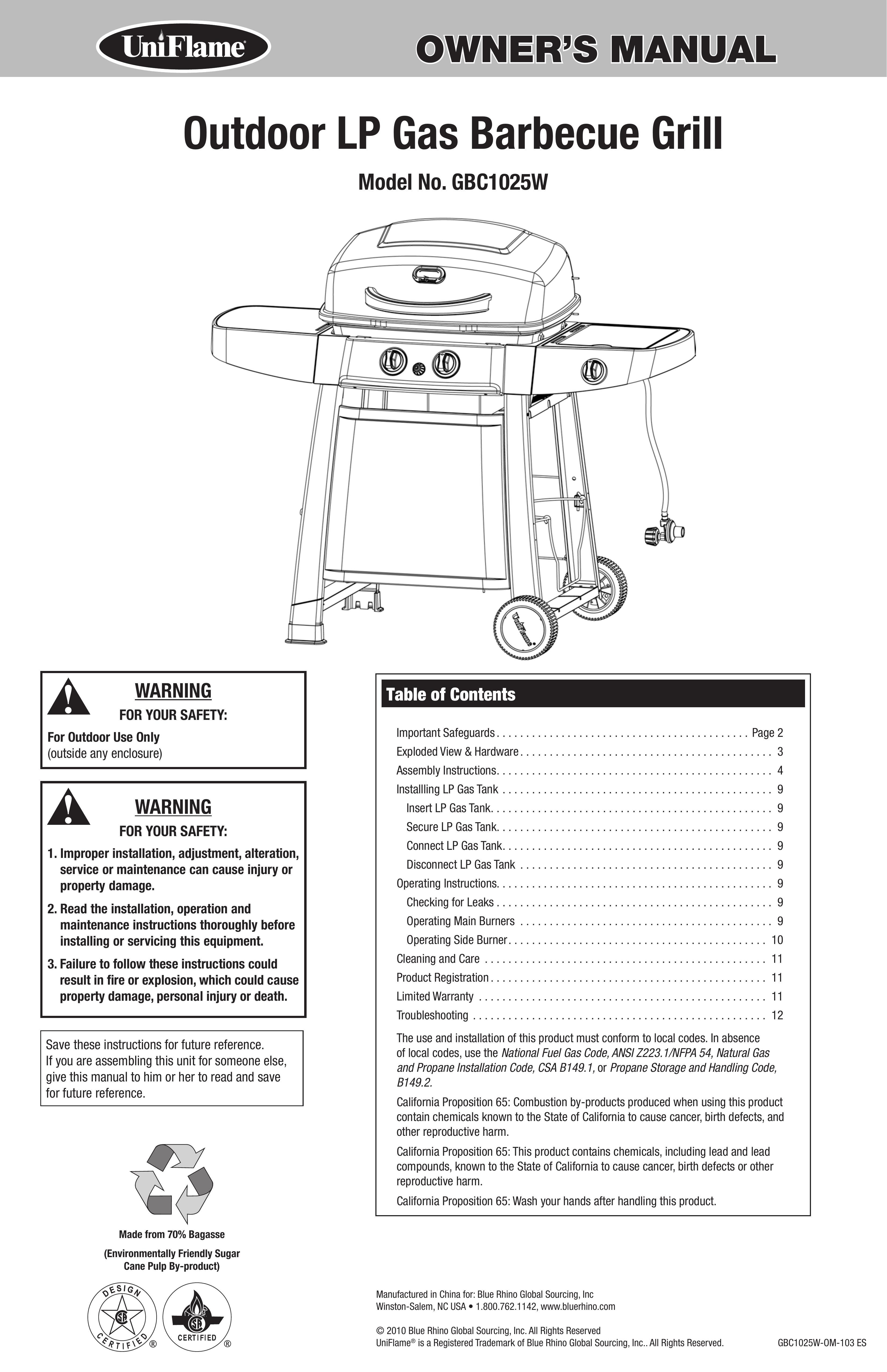 Blue Rhino GBC1025W Gas Grill User Manual