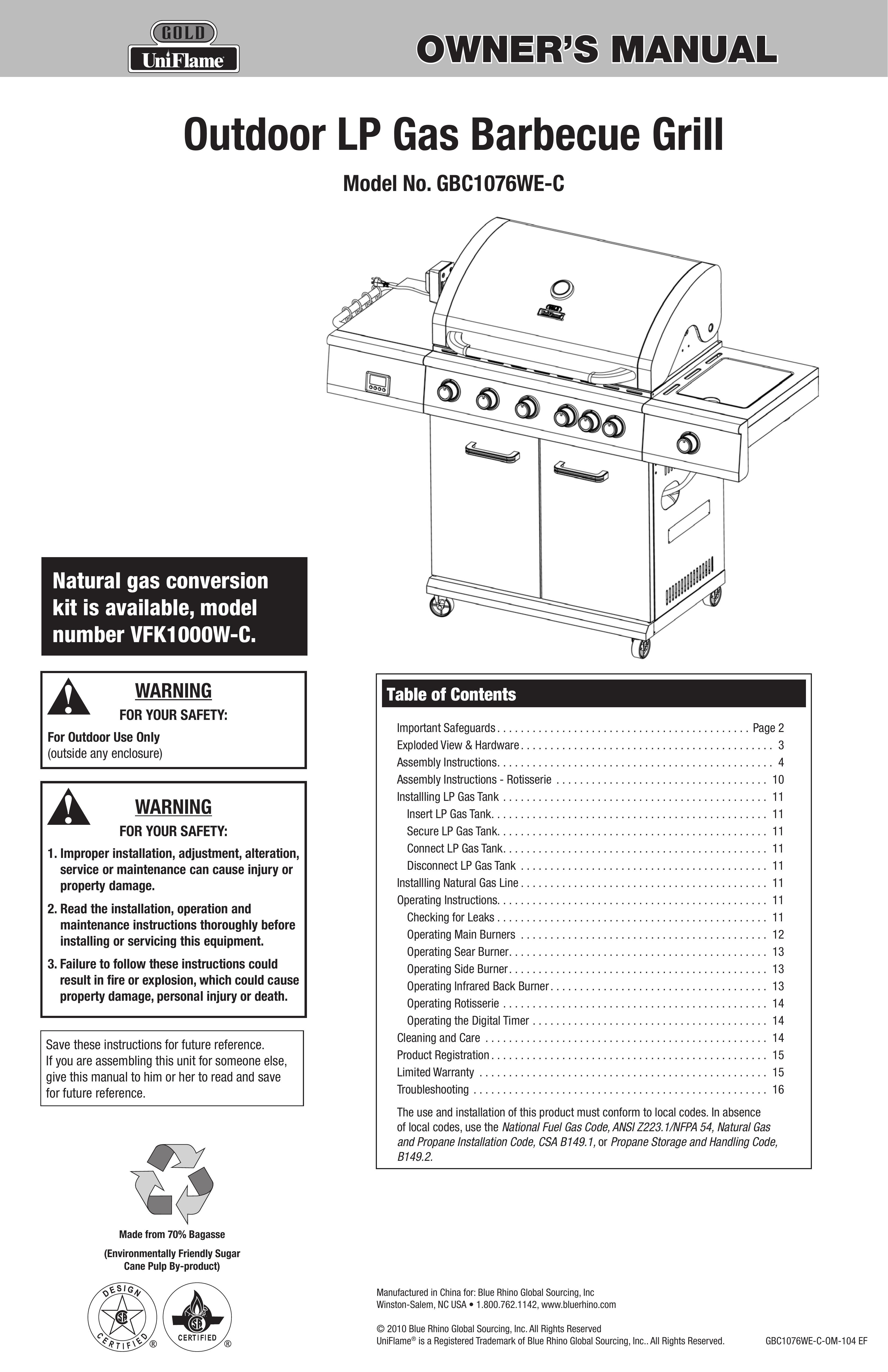 Blue Rhino GBC1076WE-C Gas Grill User Manual