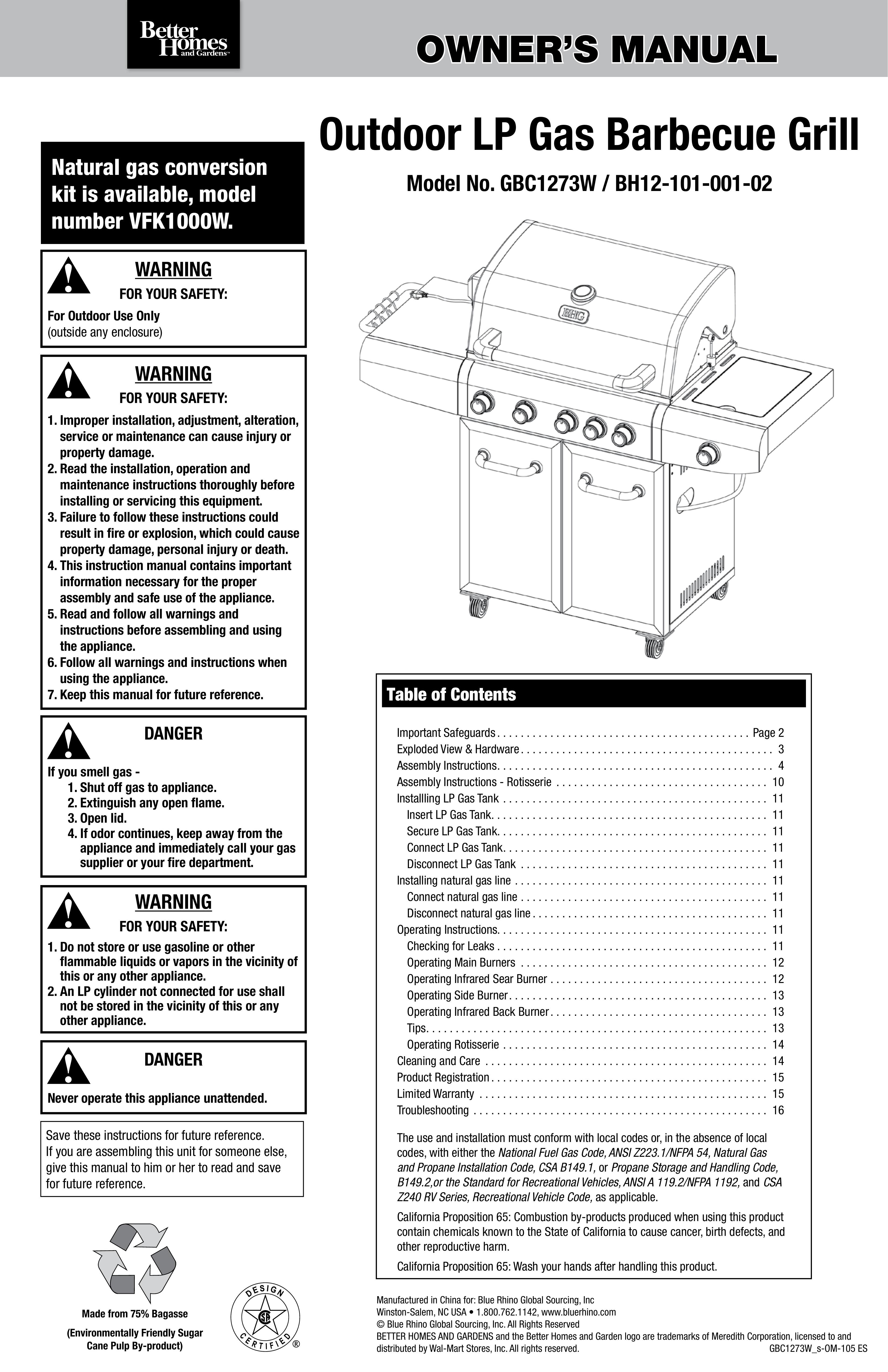 Blue Rhino GBC1273W Gas Grill User Manual