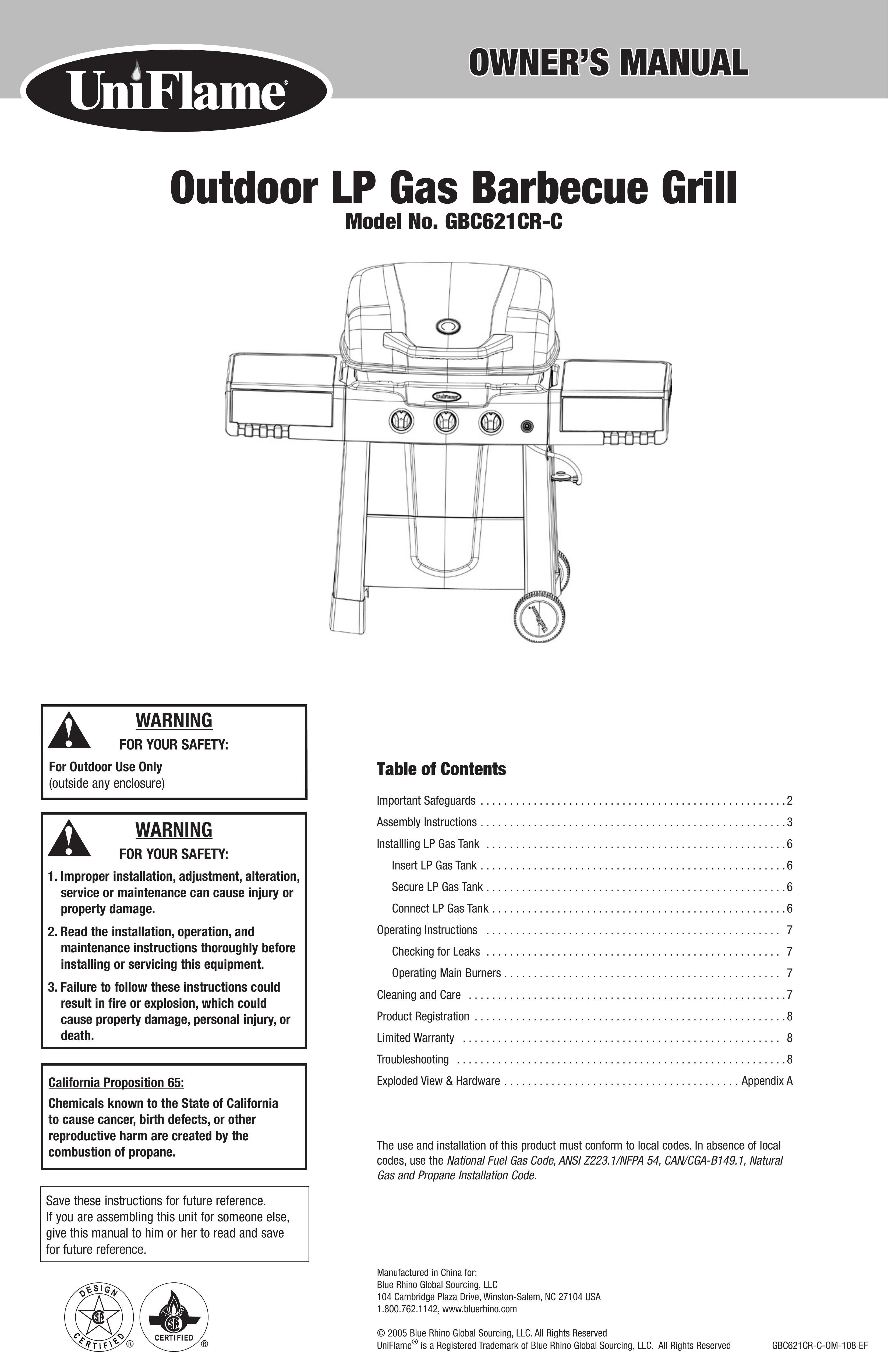 Blue Rhino GBC621CR-C Gas Grill User Manual