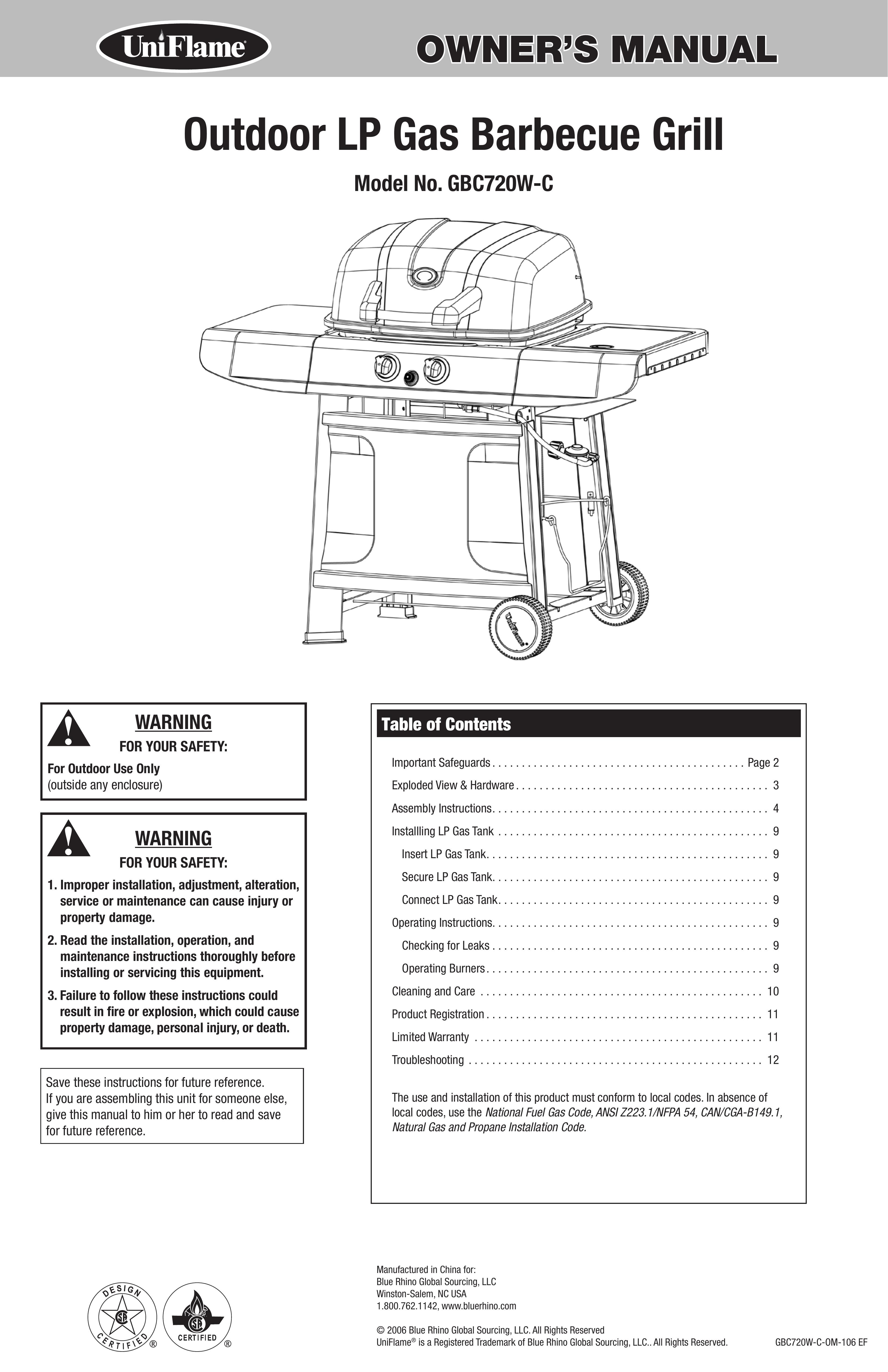 Blue Rhino GBC720W-C Gas Grill User Manual