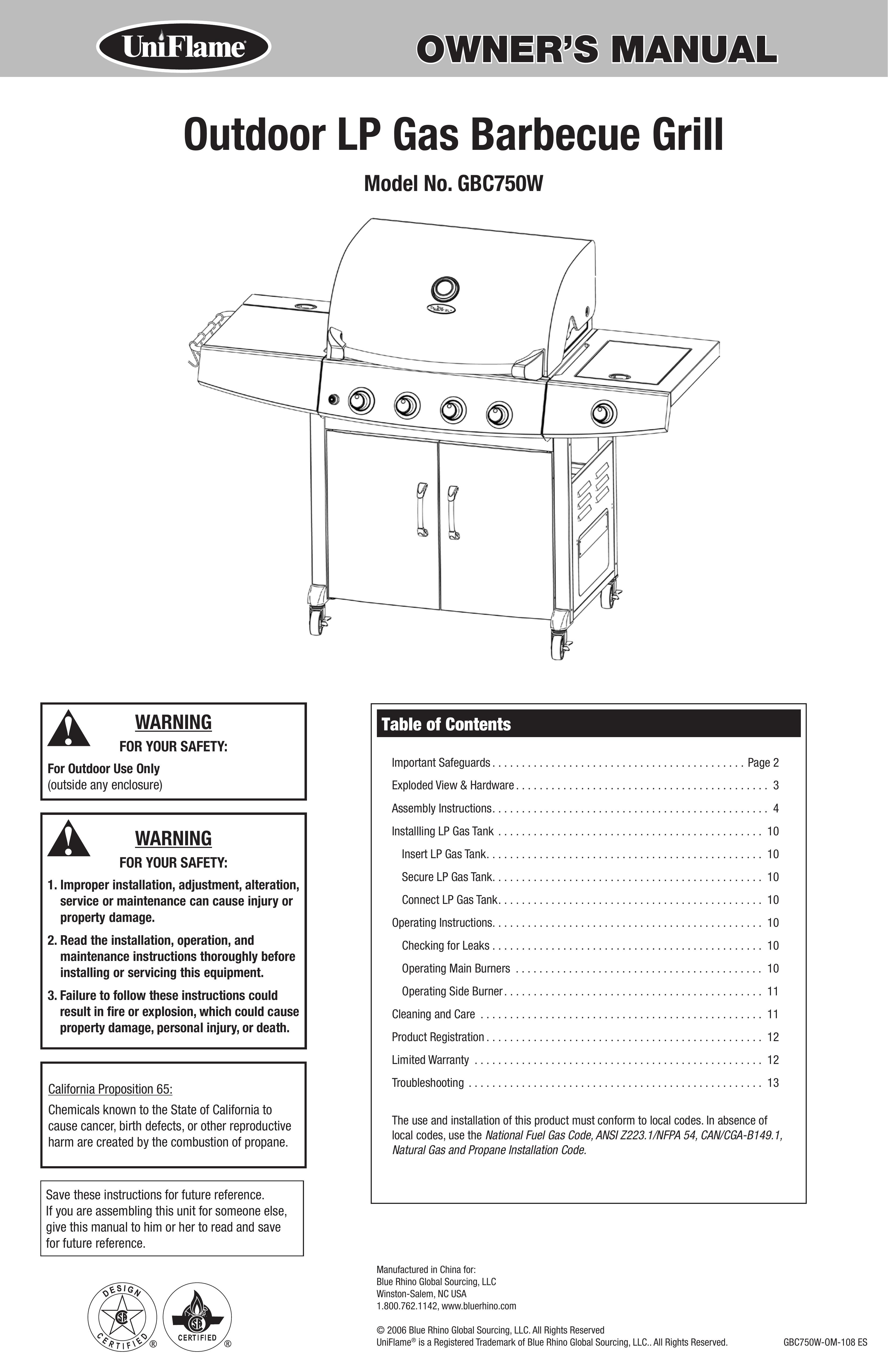 Blue Rhino GBC750W Gas Grill User Manual