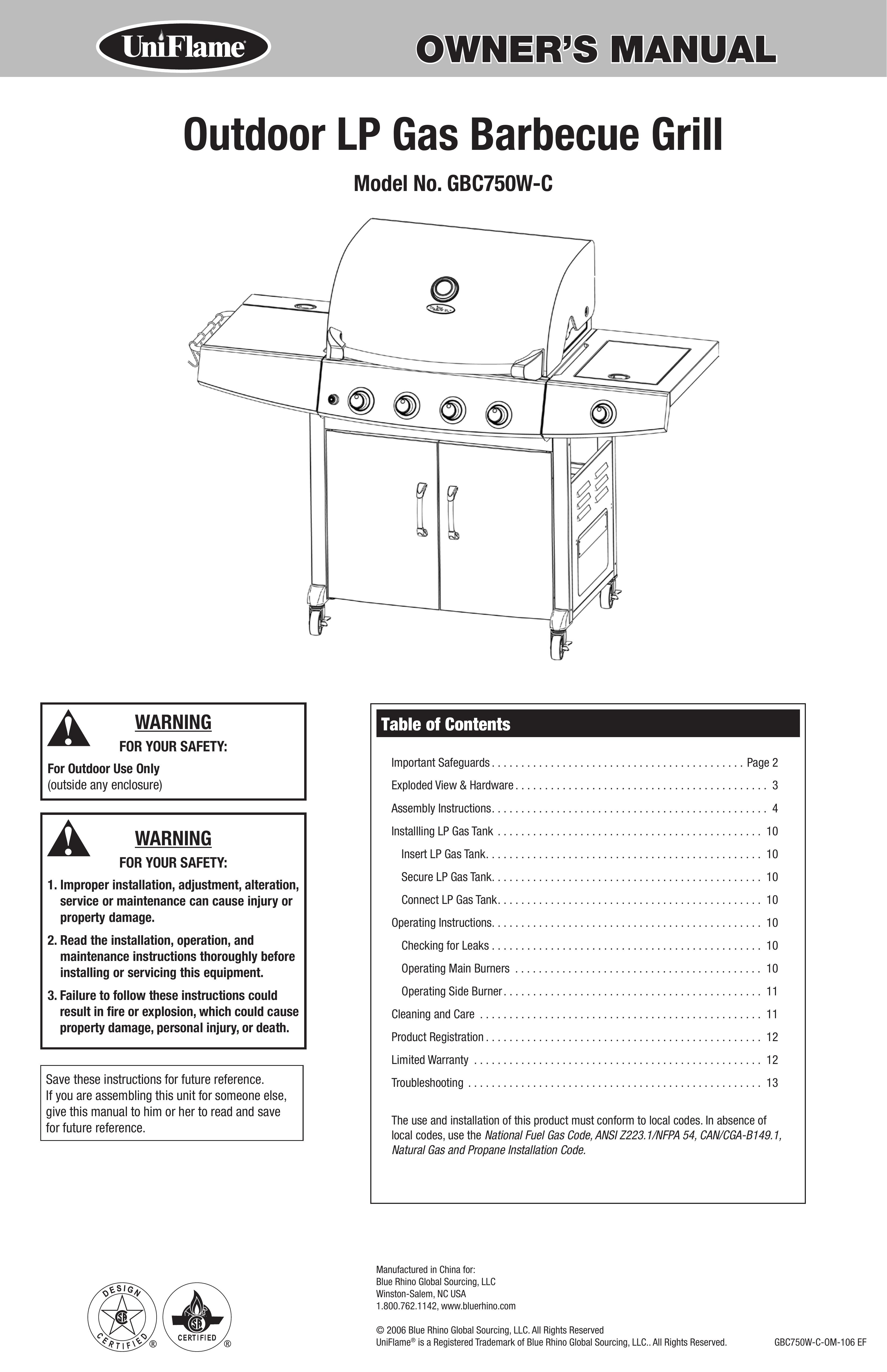 Blue Rhino GBC750W-C Gas Grill User Manual