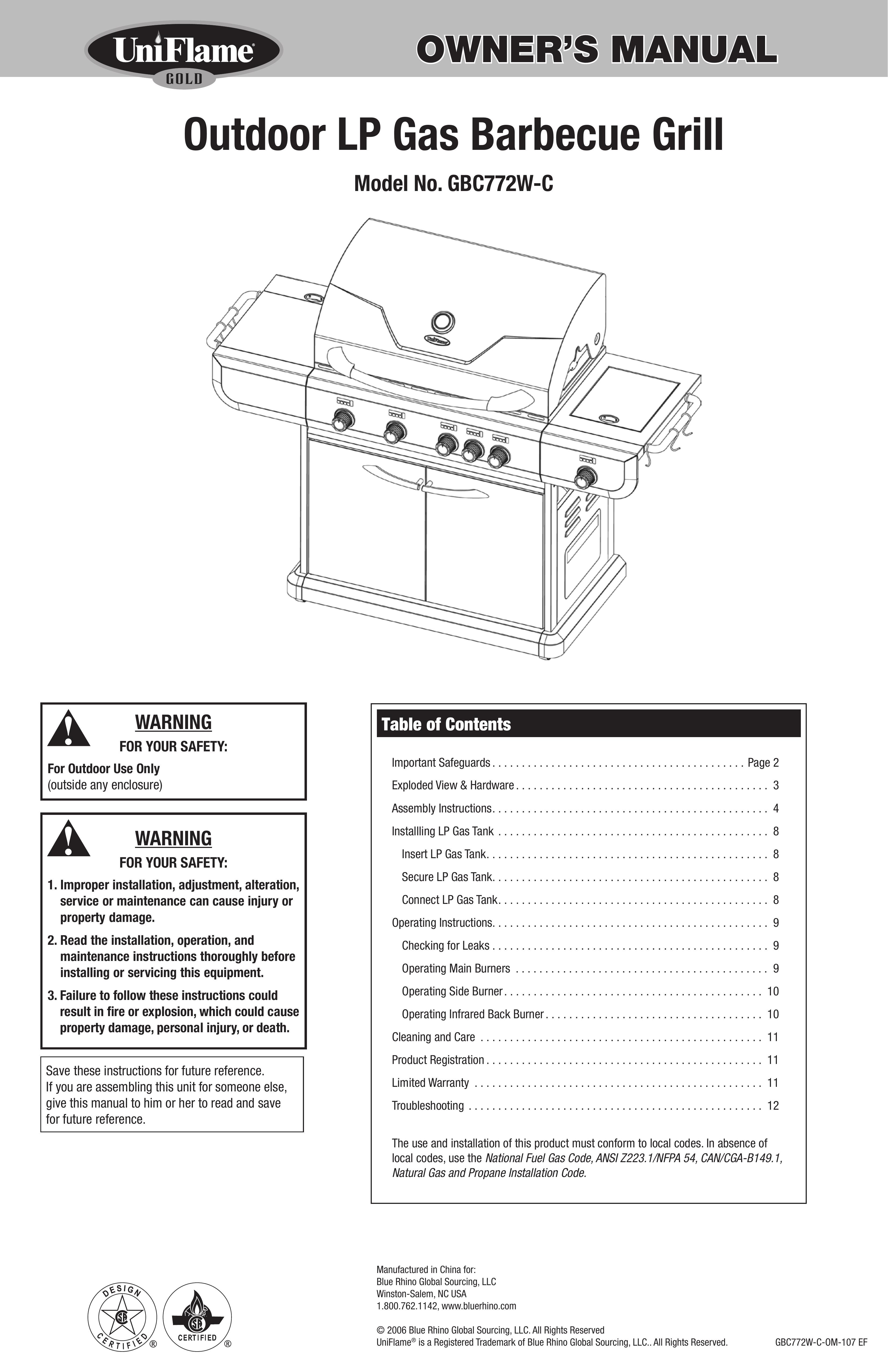 Blue Rhino GBC772W-C Gas Grill User Manual