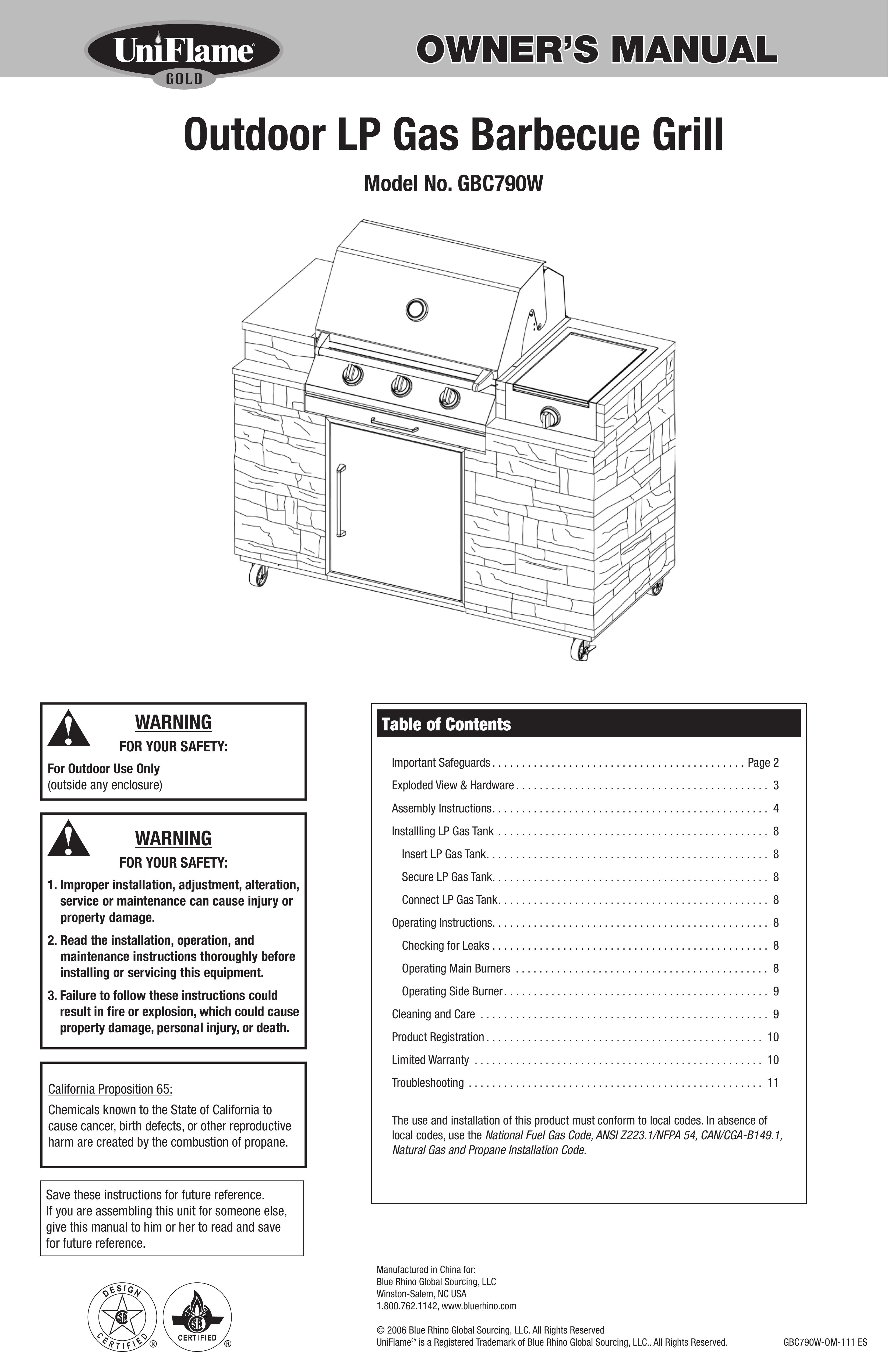 Blue Rhino GBC790W Gas Grill User Manual