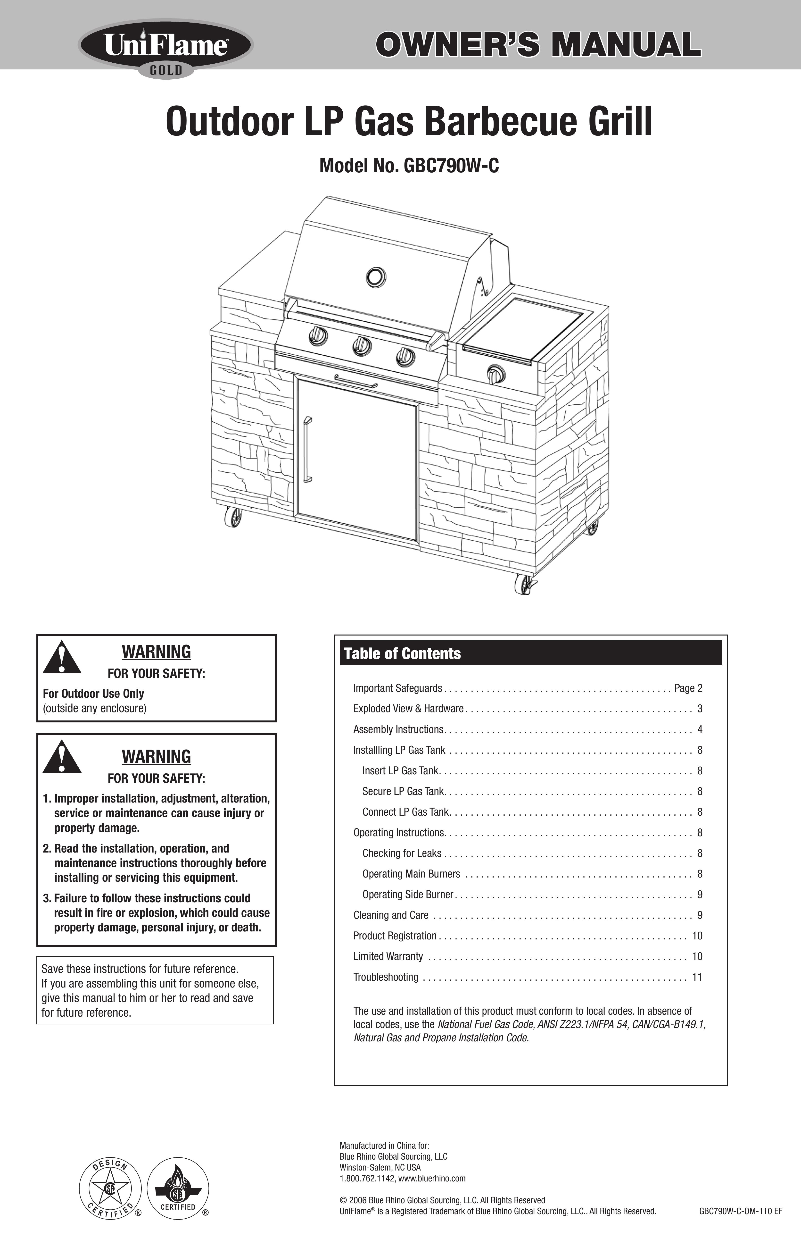 Blue Rhino GBC790W-C Gas Grill User Manual