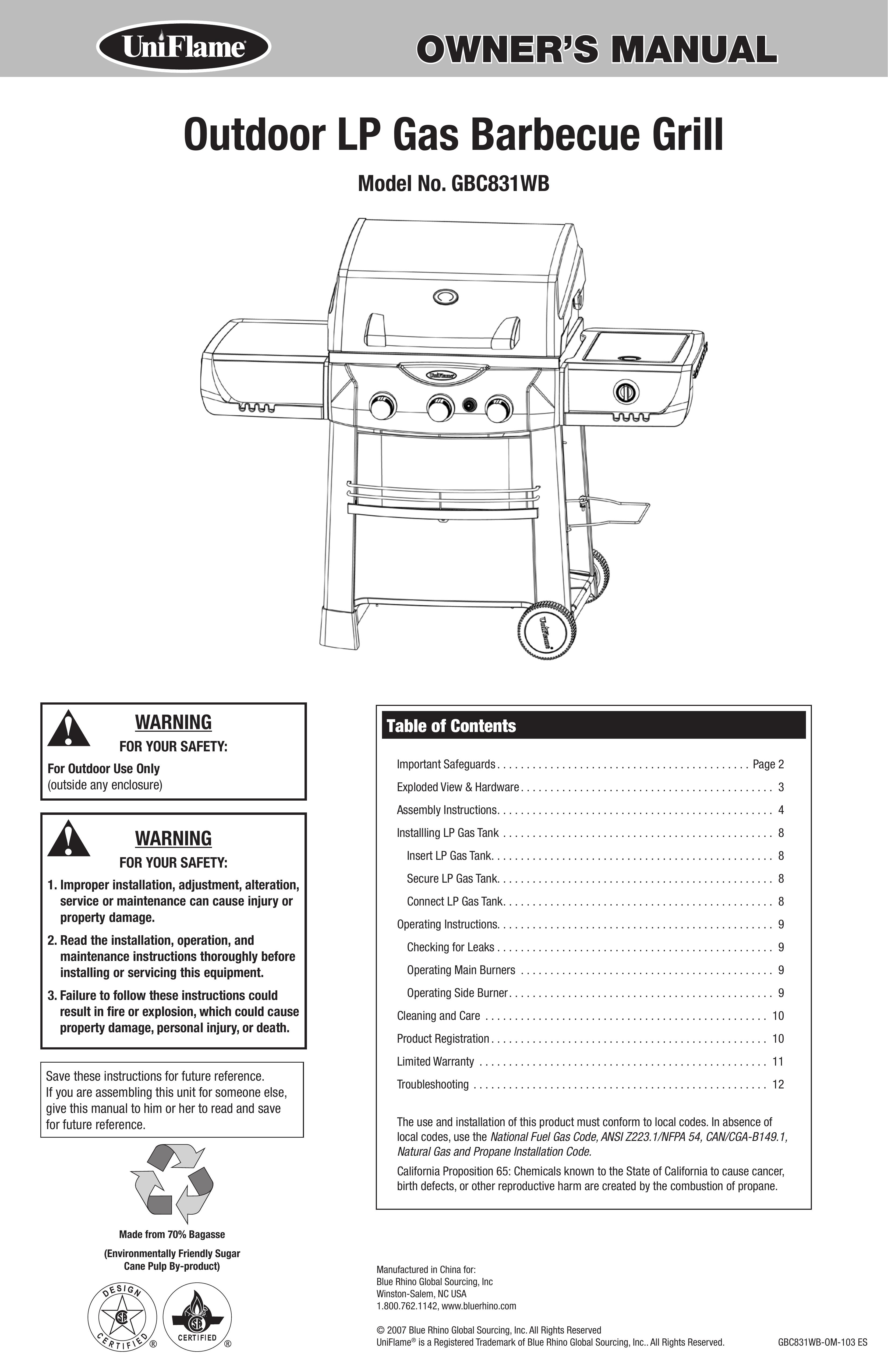 Blue Rhino GBC831WB Gas Grill User Manual