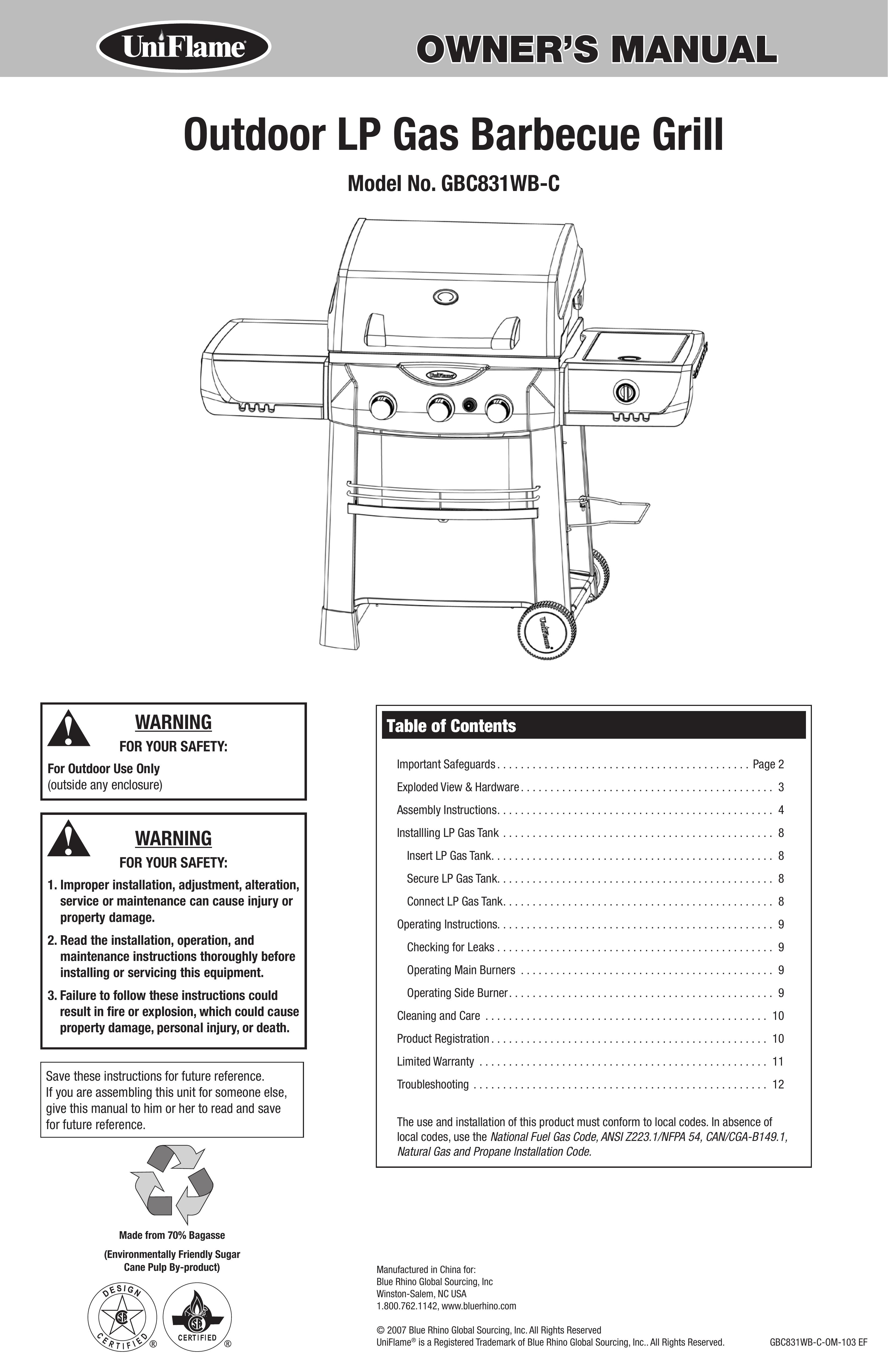 Blue Rhino GBC831WB-C Gas Grill User Manual