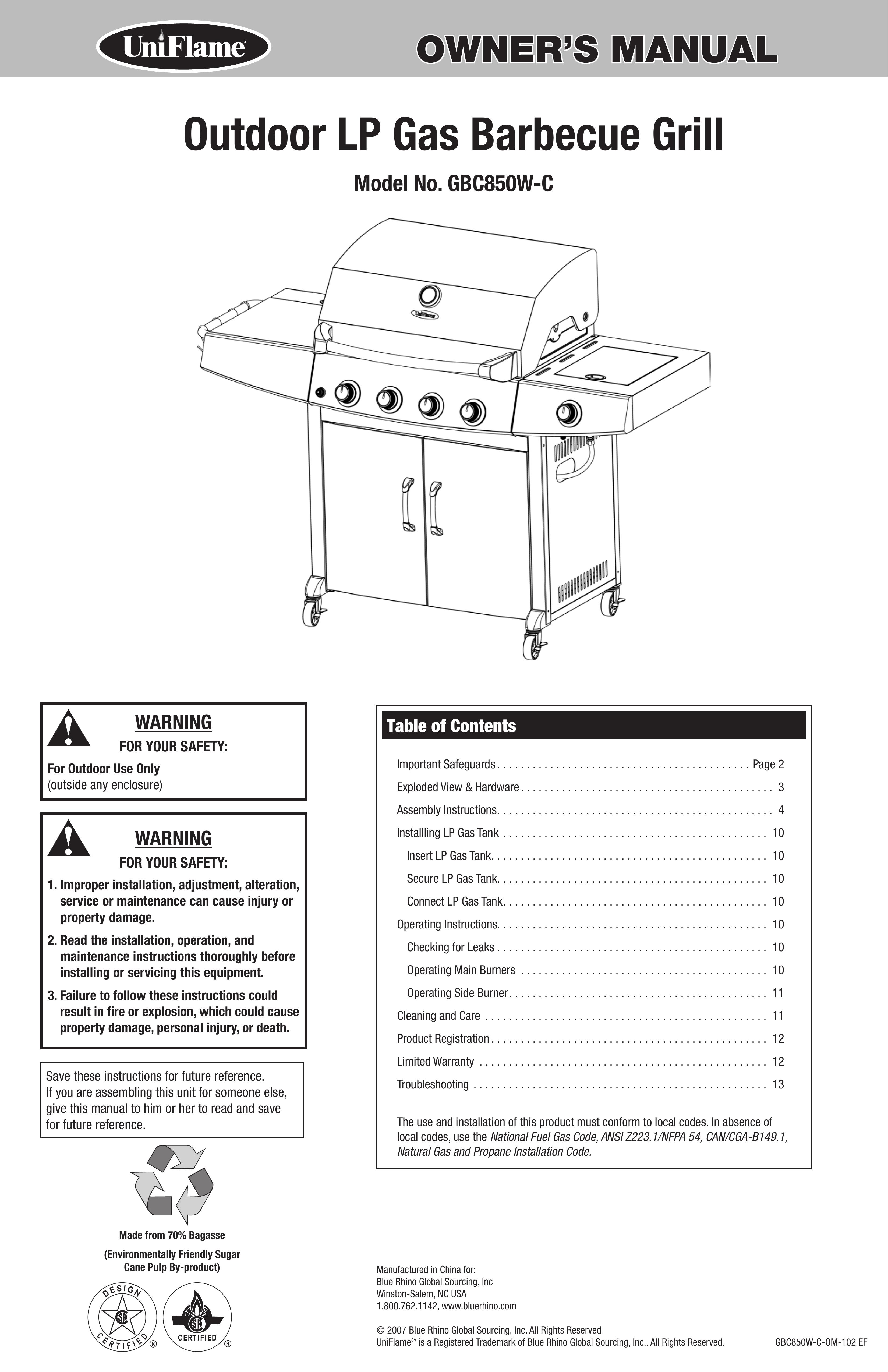 Blue Rhino GBC850W-C Gas Grill User Manual