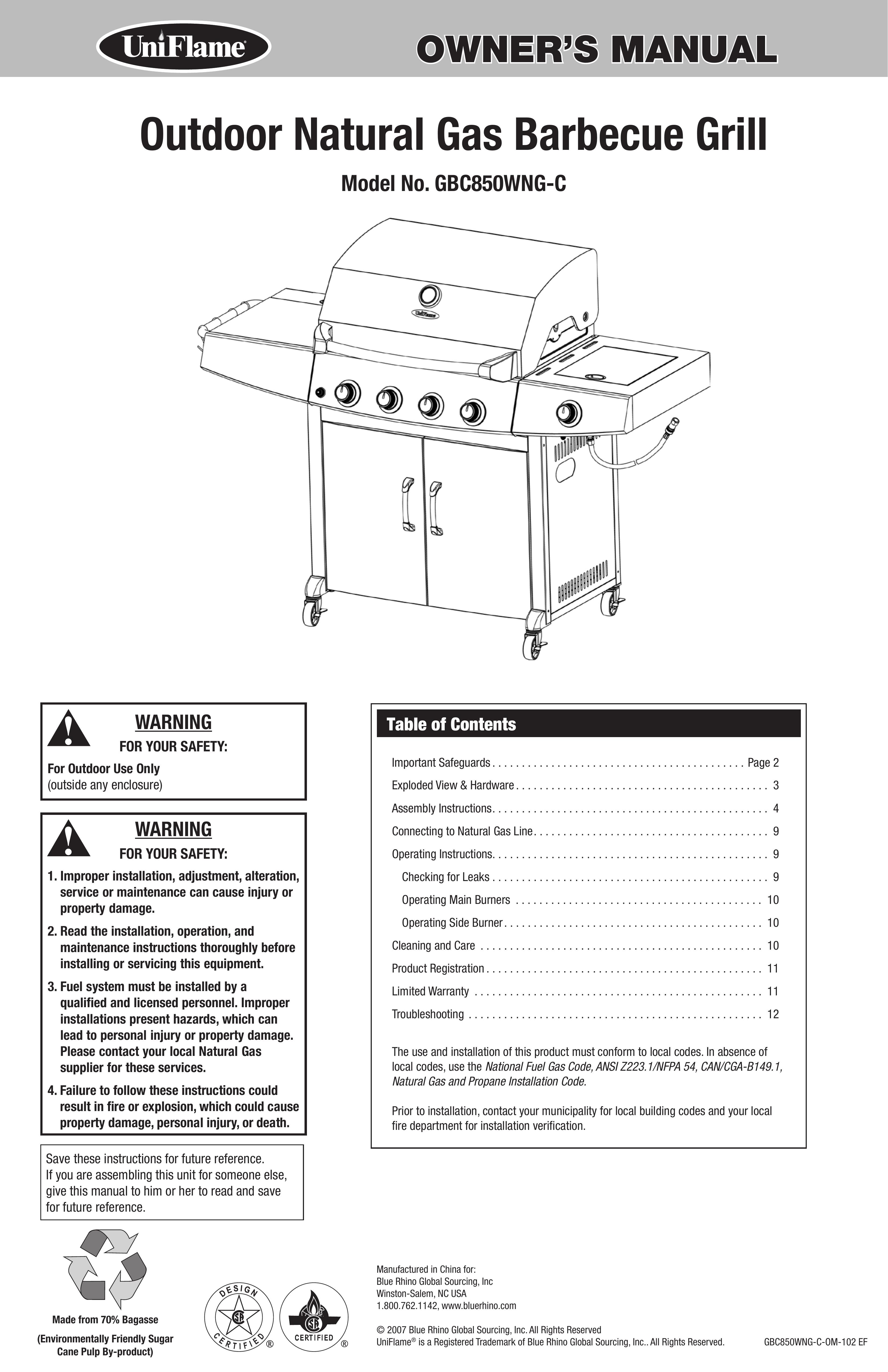 Blue Rhino GBC850WNG-C Gas Grill User Manual