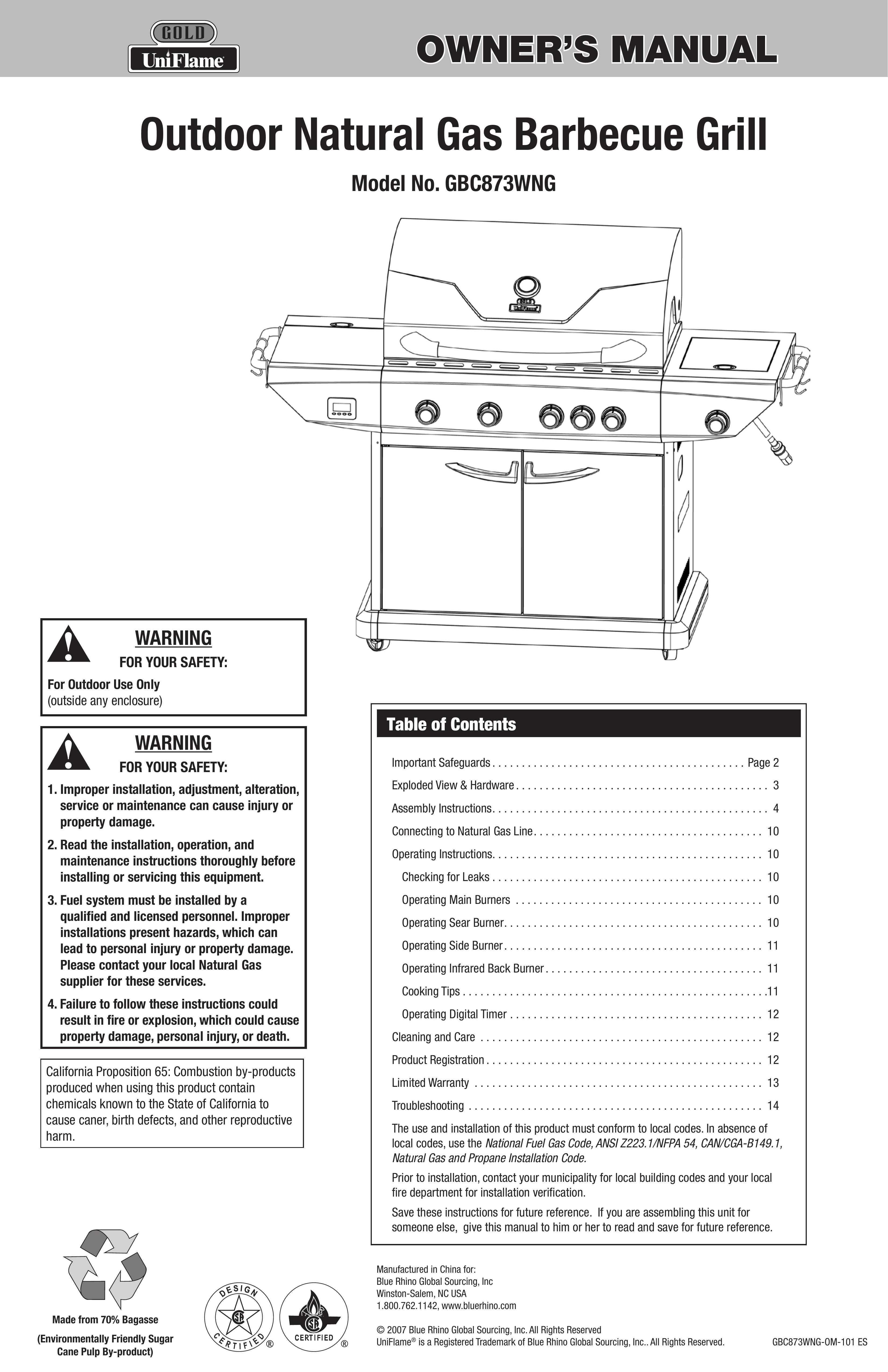 Blue Rhino GBC873WNG Gas Grill User Manual