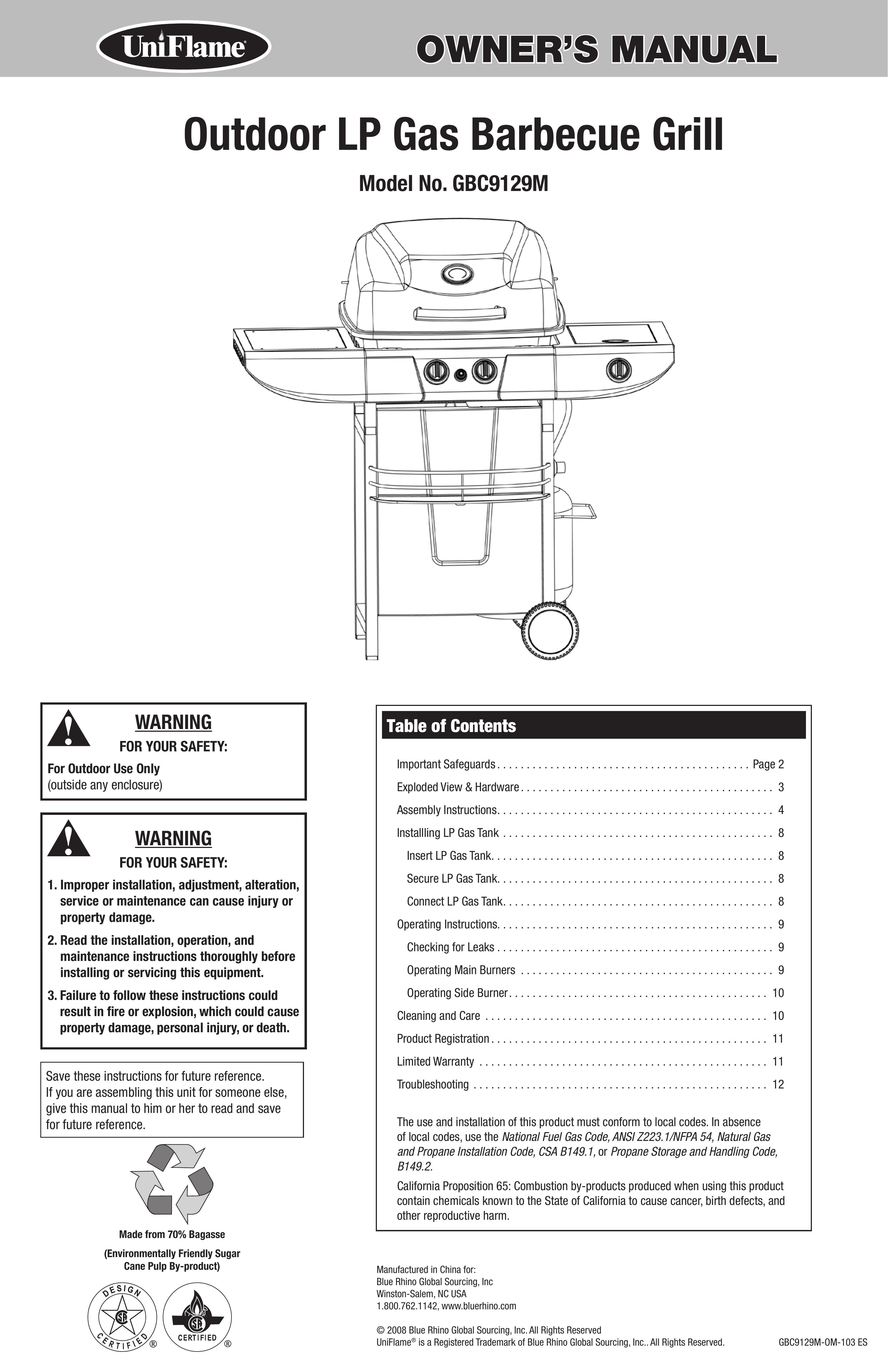 Blue Rhino GBC9129M Gas Grill User Manual
