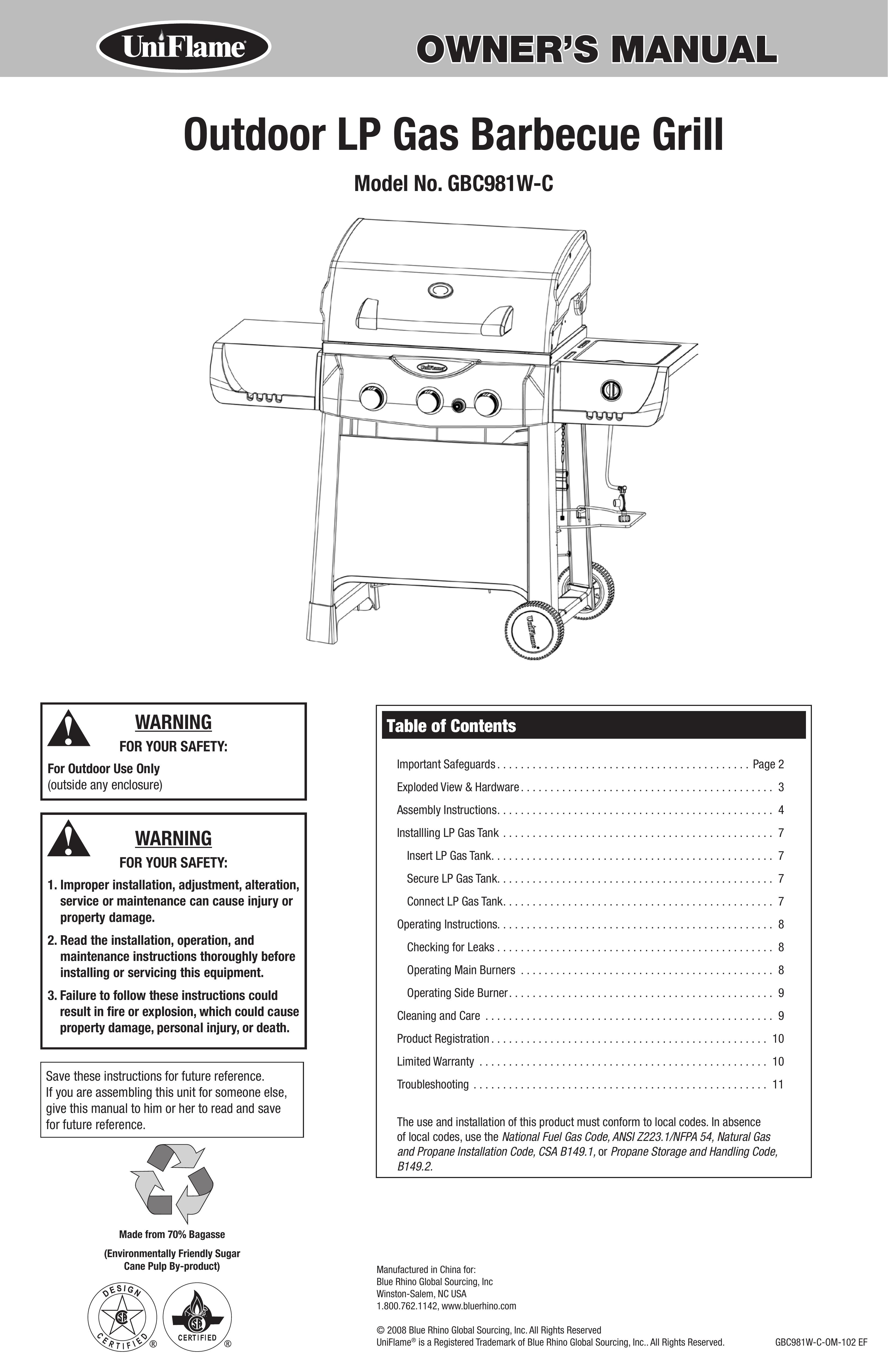 Blue Rhino GBC981W-C Gas Grill User Manual