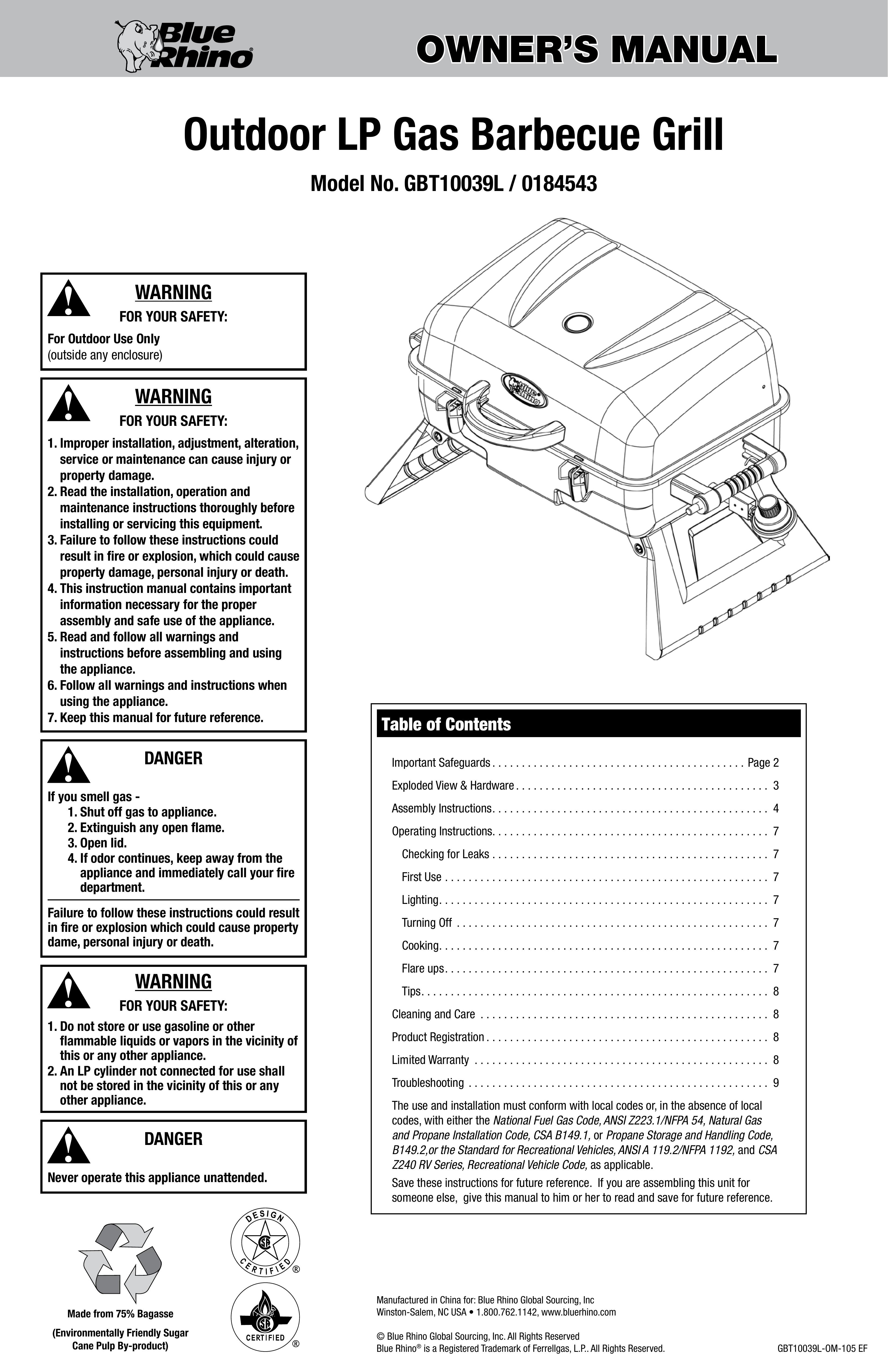 Blue Rhino GBT10039L Gas Grill User Manual