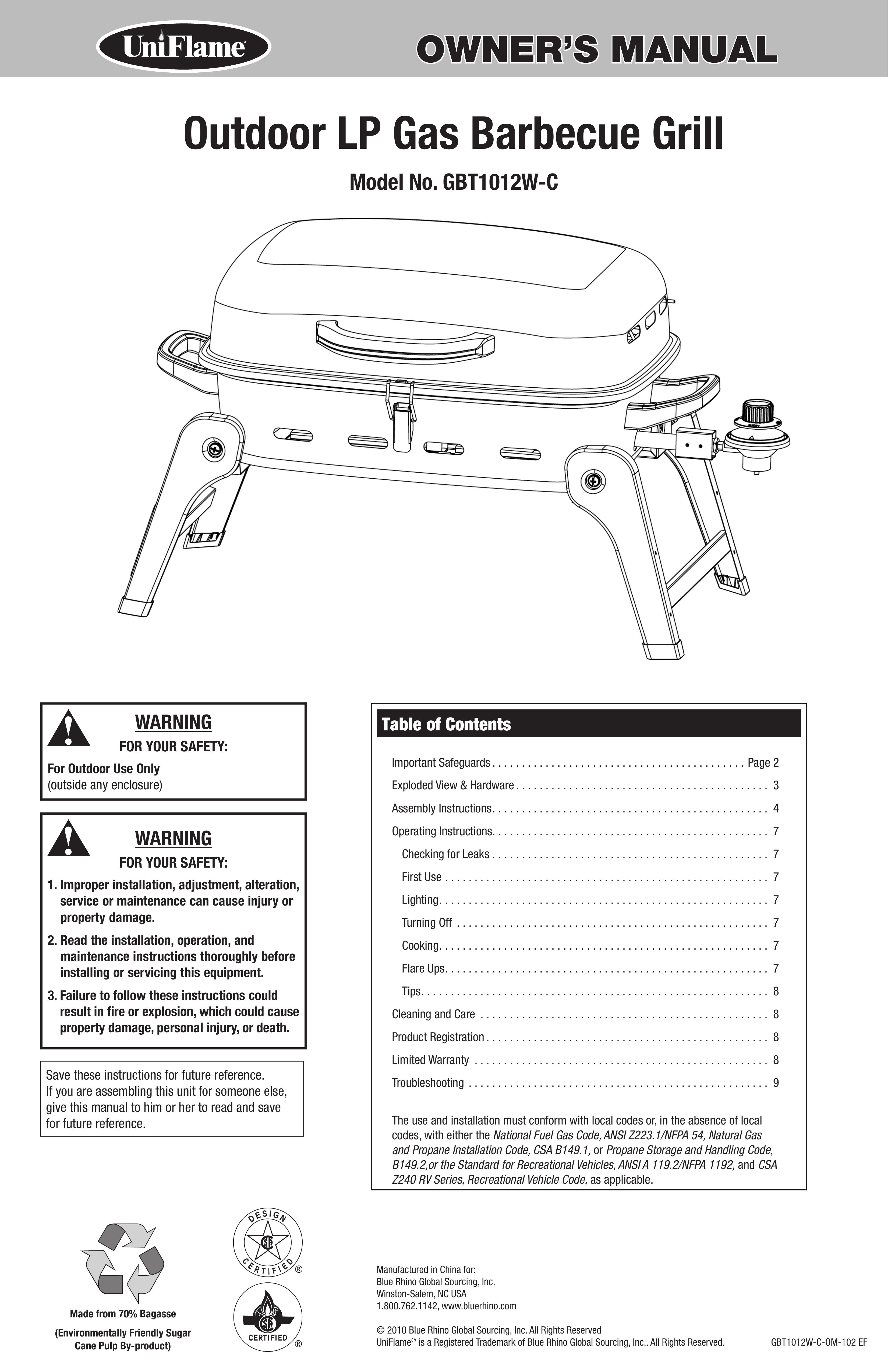 Blue Rhino GBT1012W-C Gas Grill User Manual