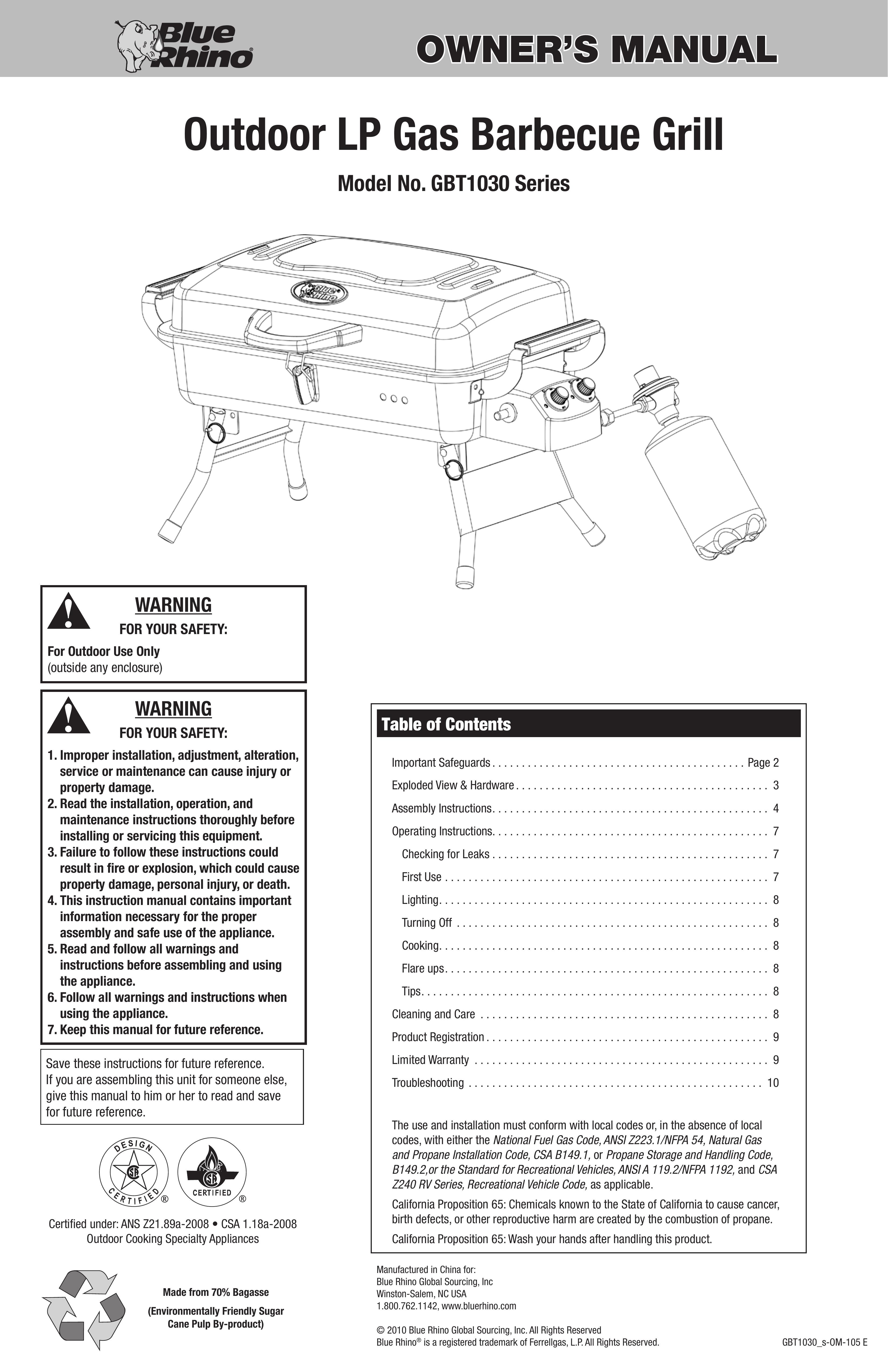 Blue Rhino GBT1030 Gas Grill User Manual