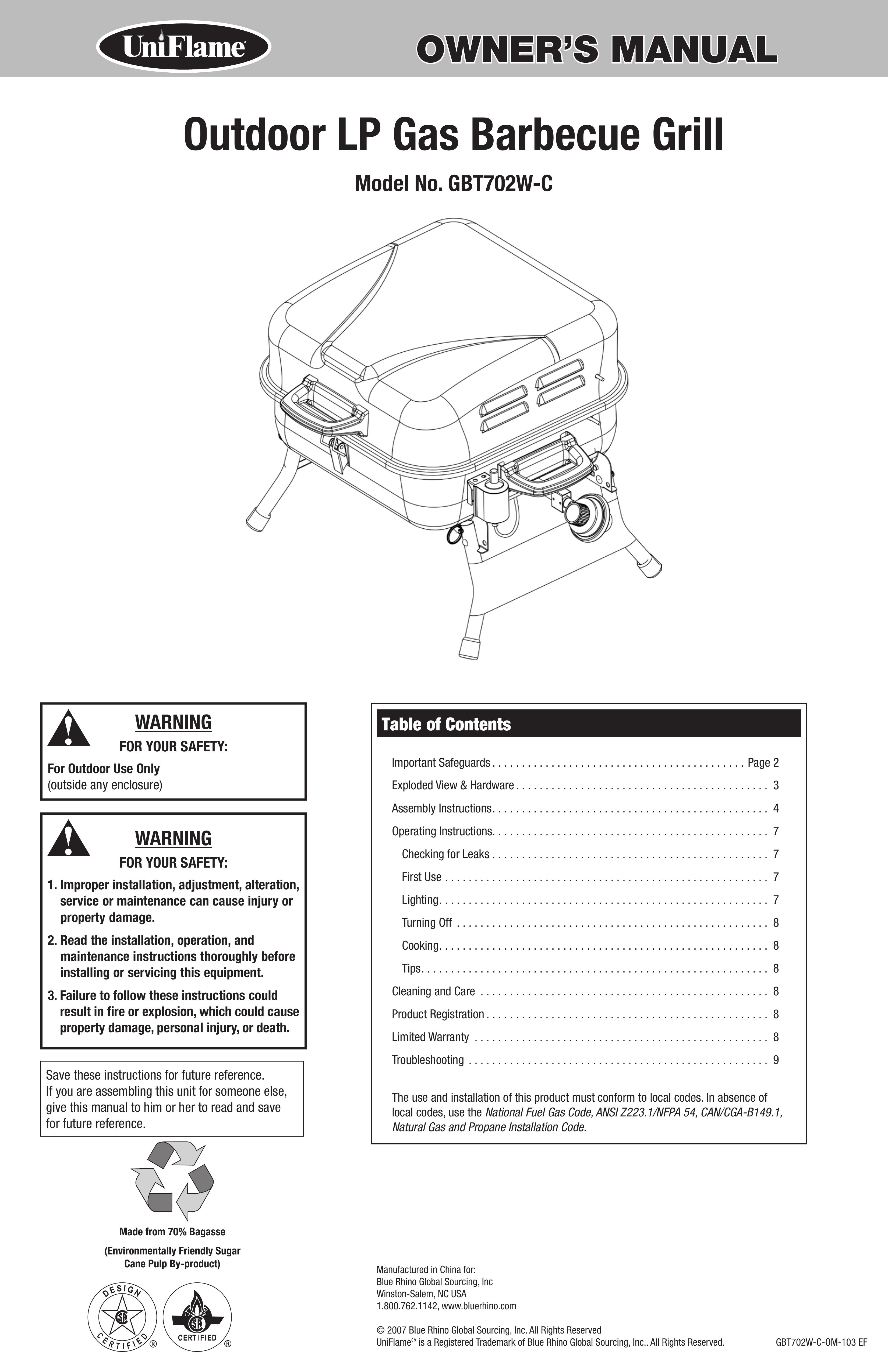 Blue Rhino GBT702W-C Gas Grill User Manual