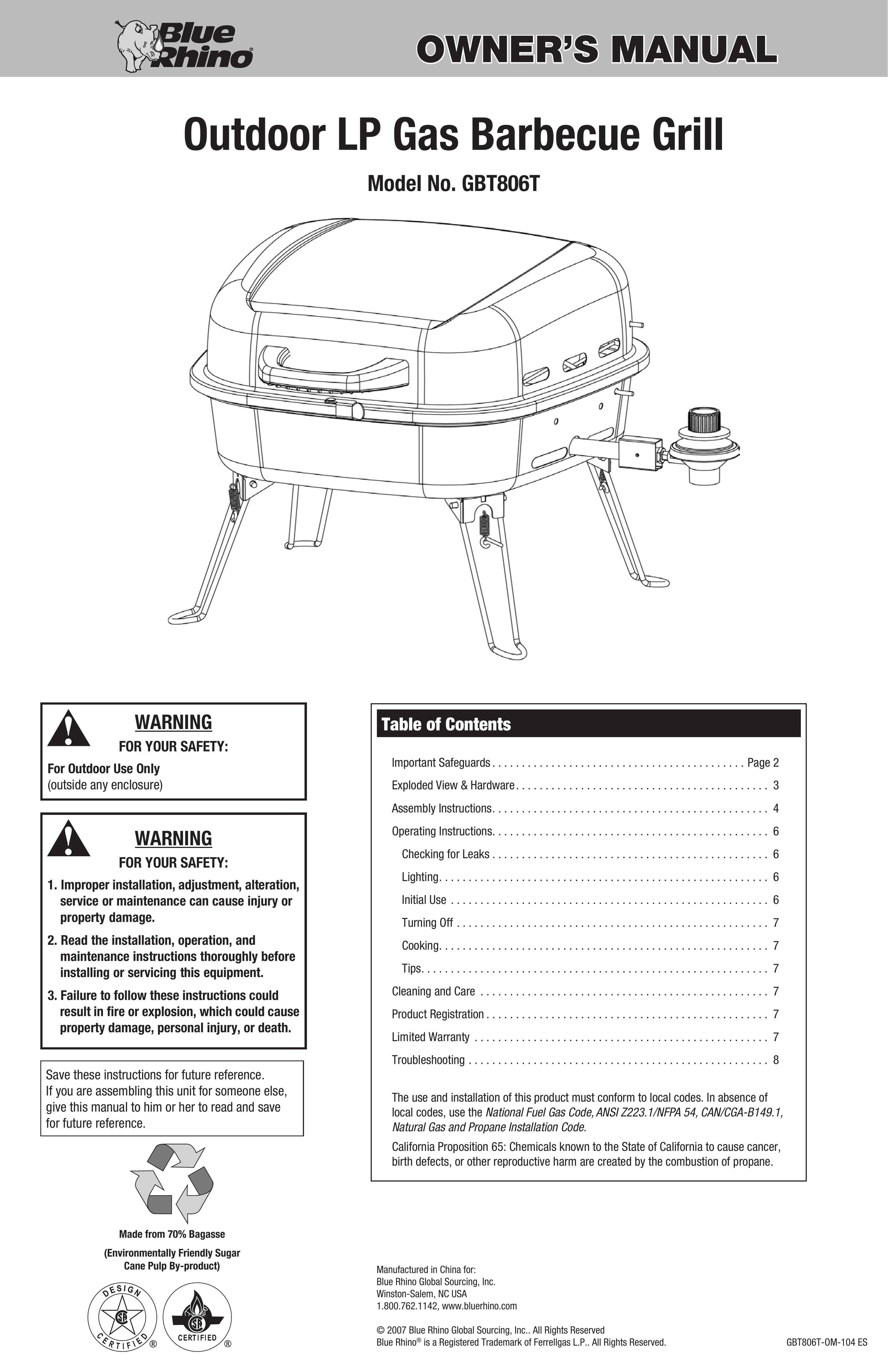 Blue Rhino gbt806t Gas Grill User Manual
