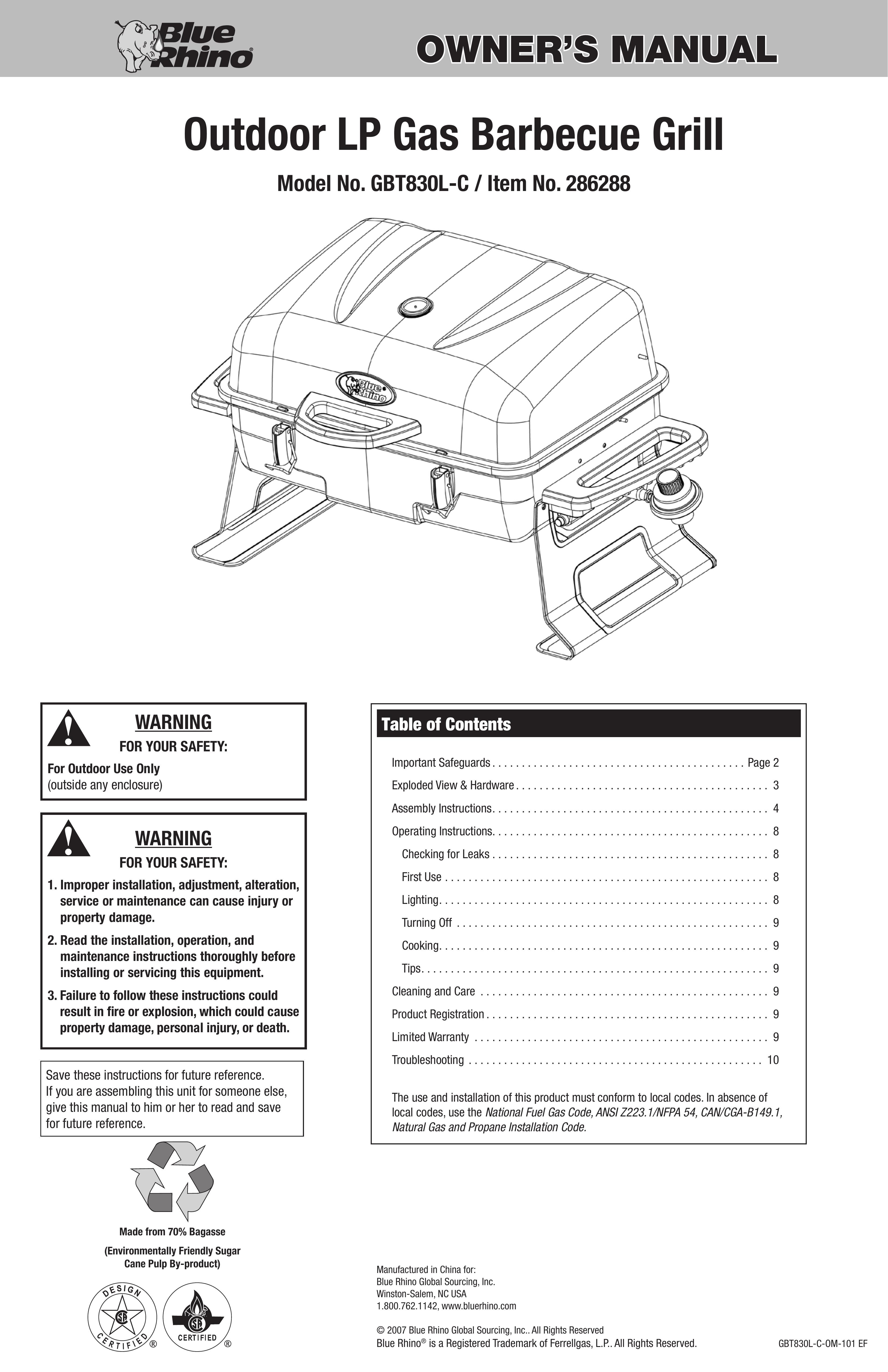 Blue Rhino GBT830L-C Gas Grill User Manual
