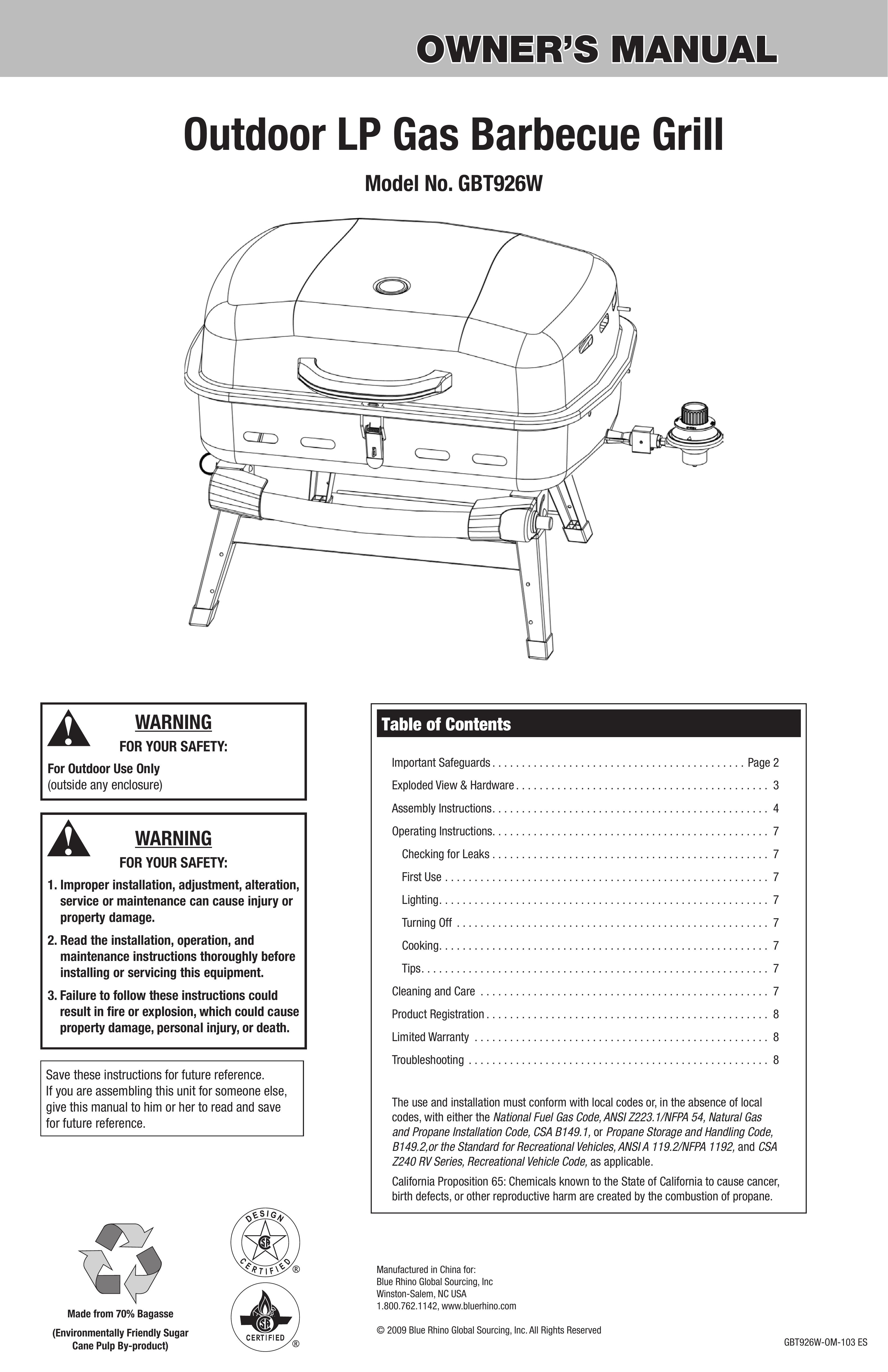 Blue Rhino GBT926W Gas Grill User Manual
