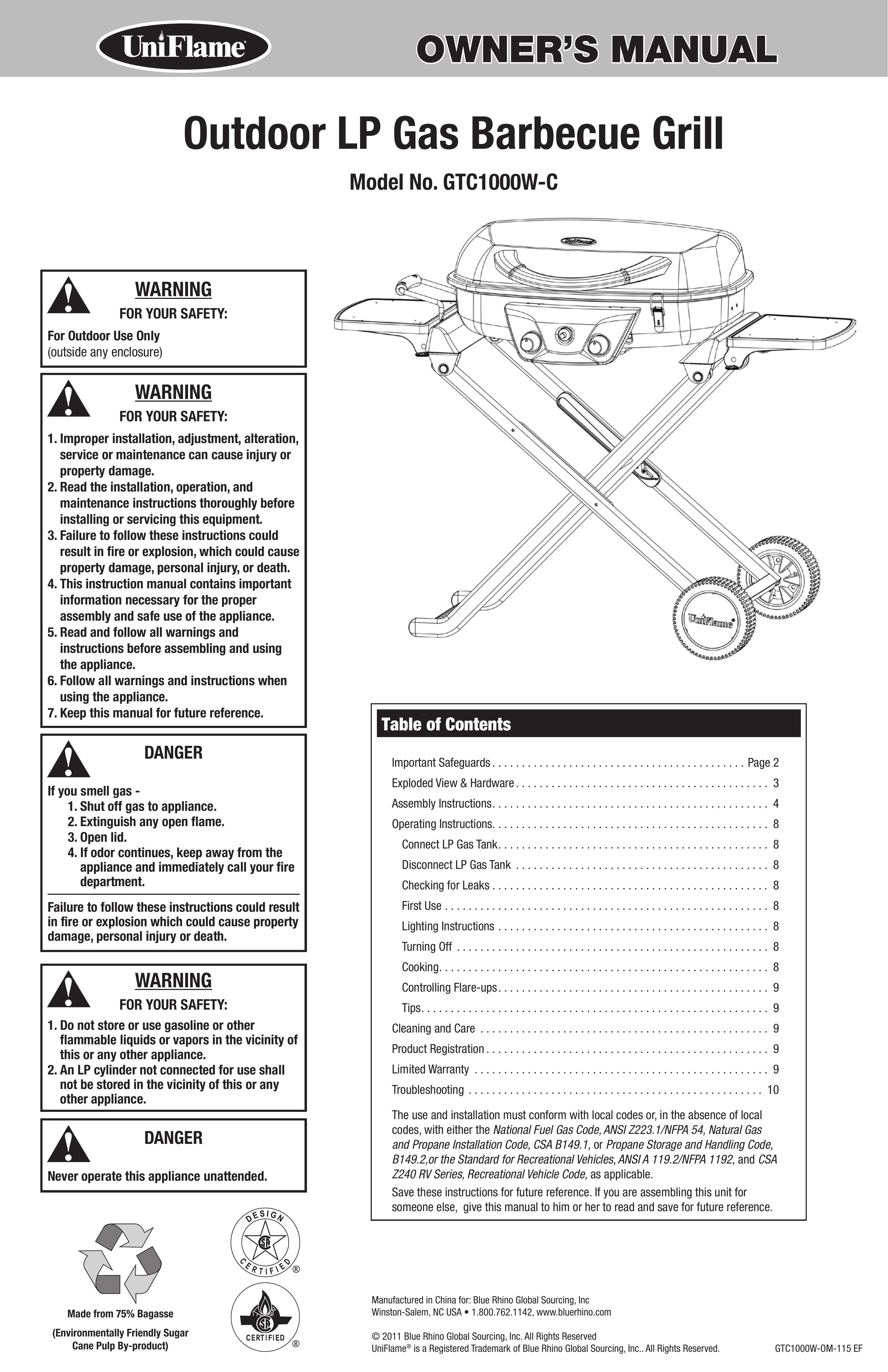 Blue Rhino GTC1000W-C Gas Grill User Manual