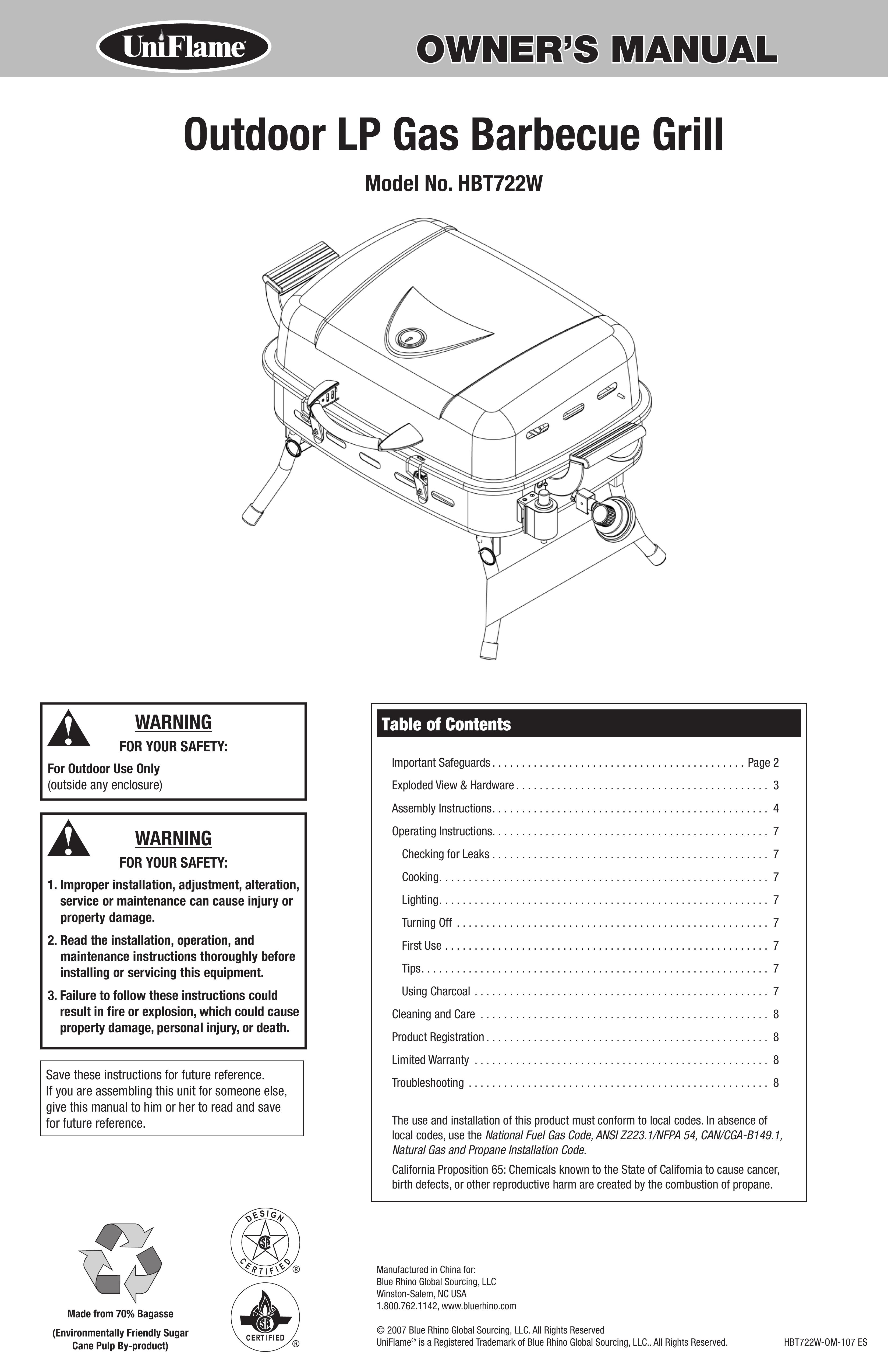 Blue Rhino HBT722W Gas Grill User Manual