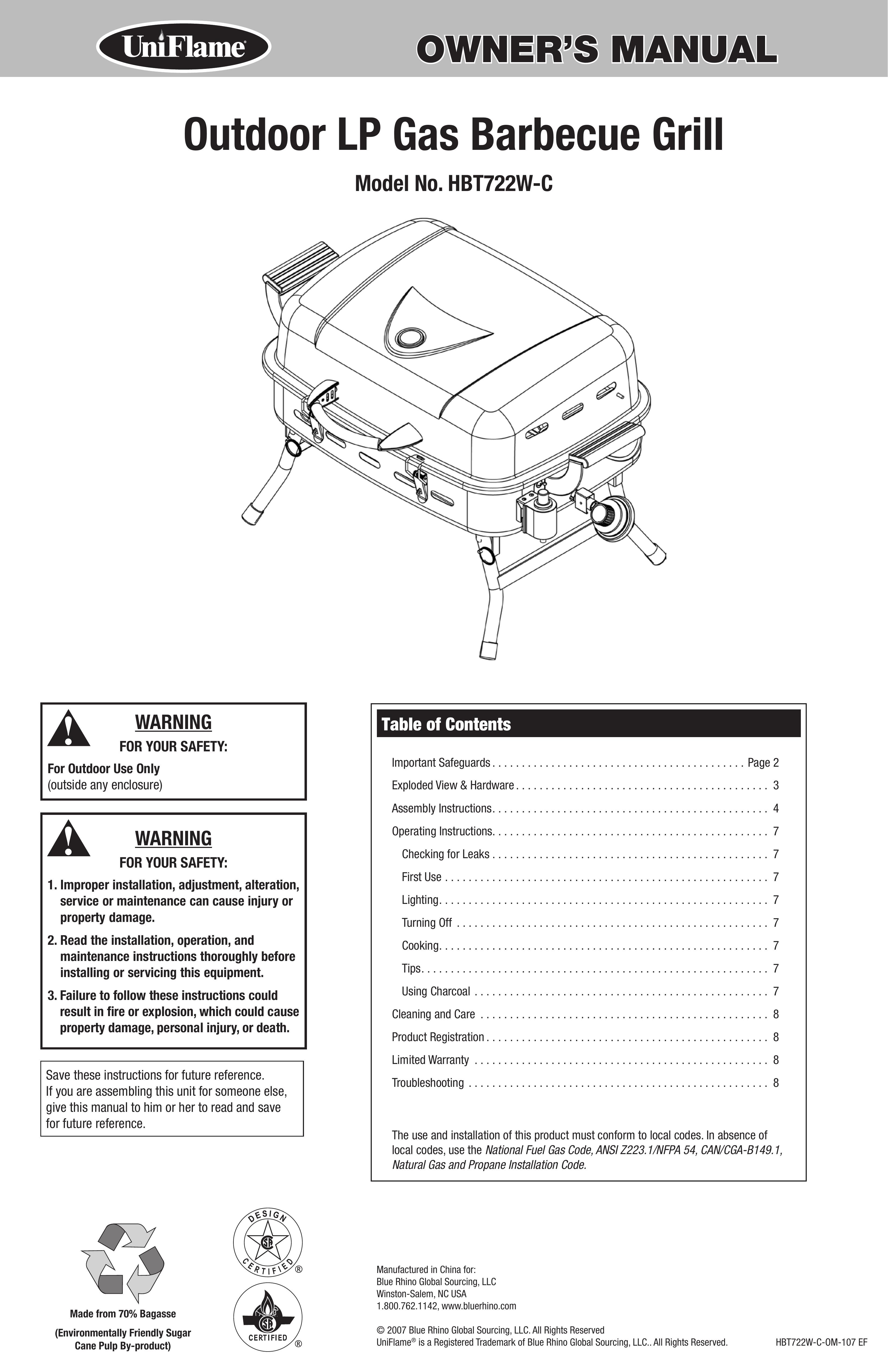 Blue Rhino HBT722W-C Gas Grill User Manual