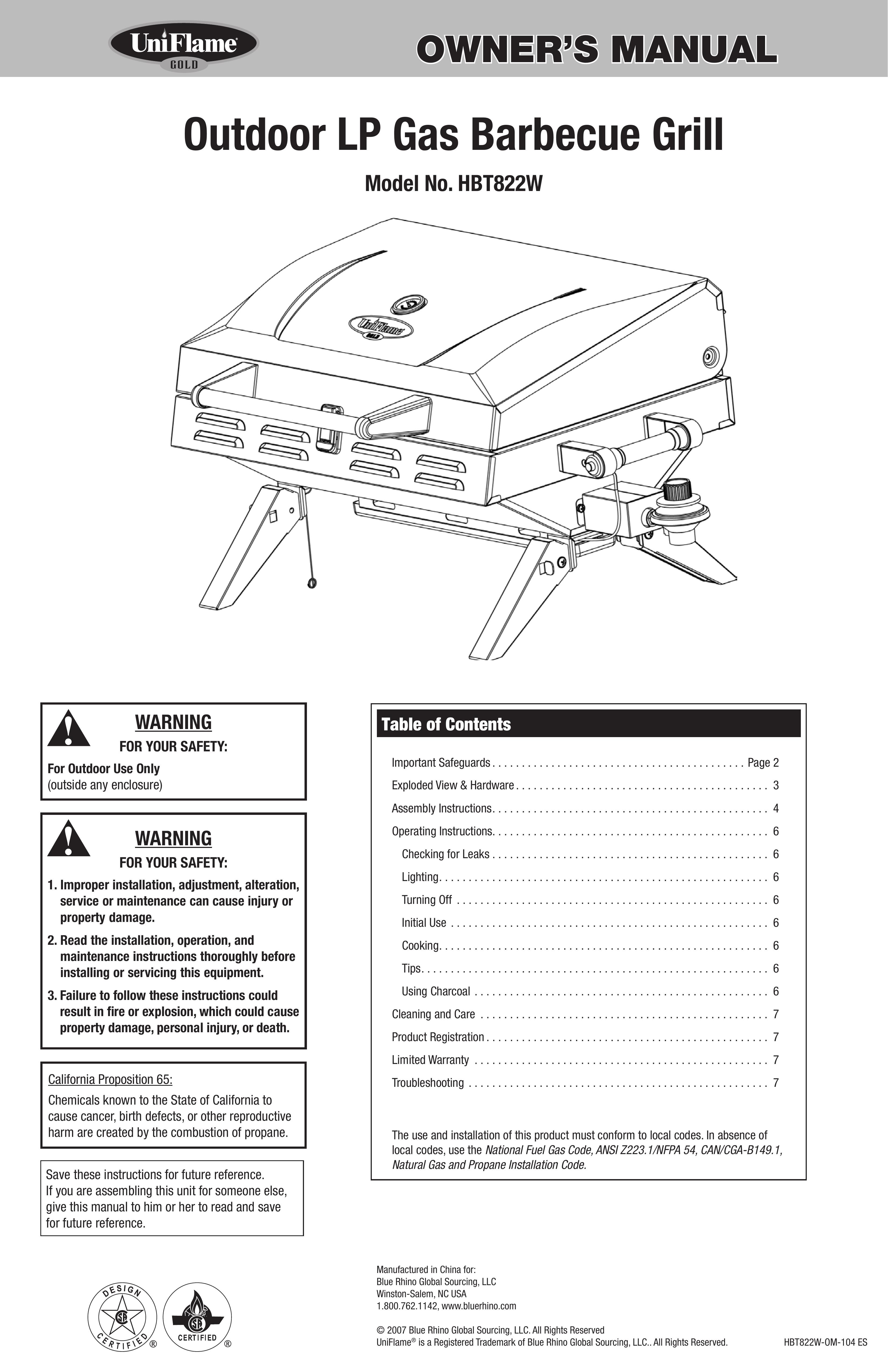 Blue Rhino HBT822W Gas Grill User Manual