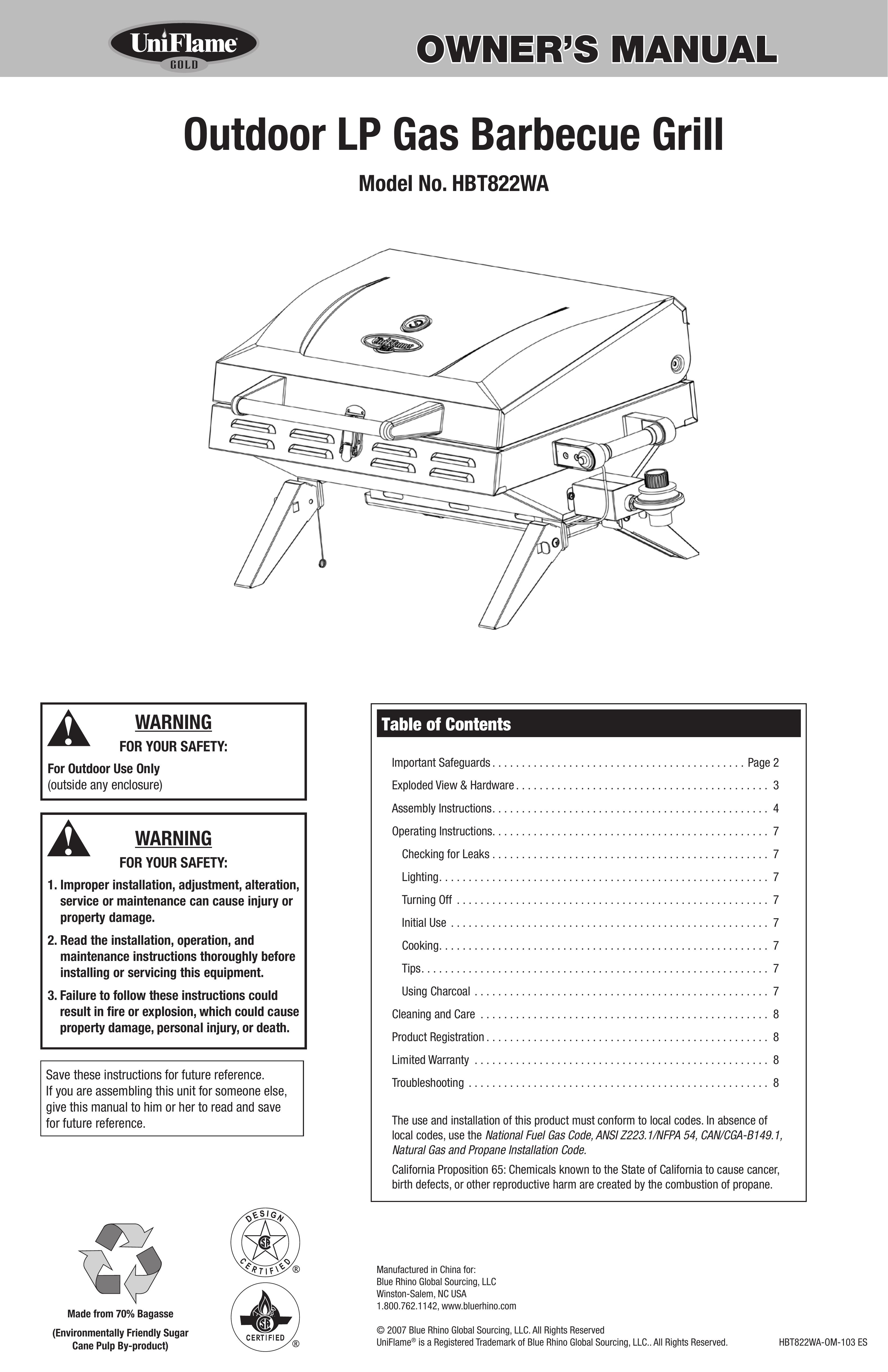 Blue Rhino HBT822WA Gas Grill User Manual