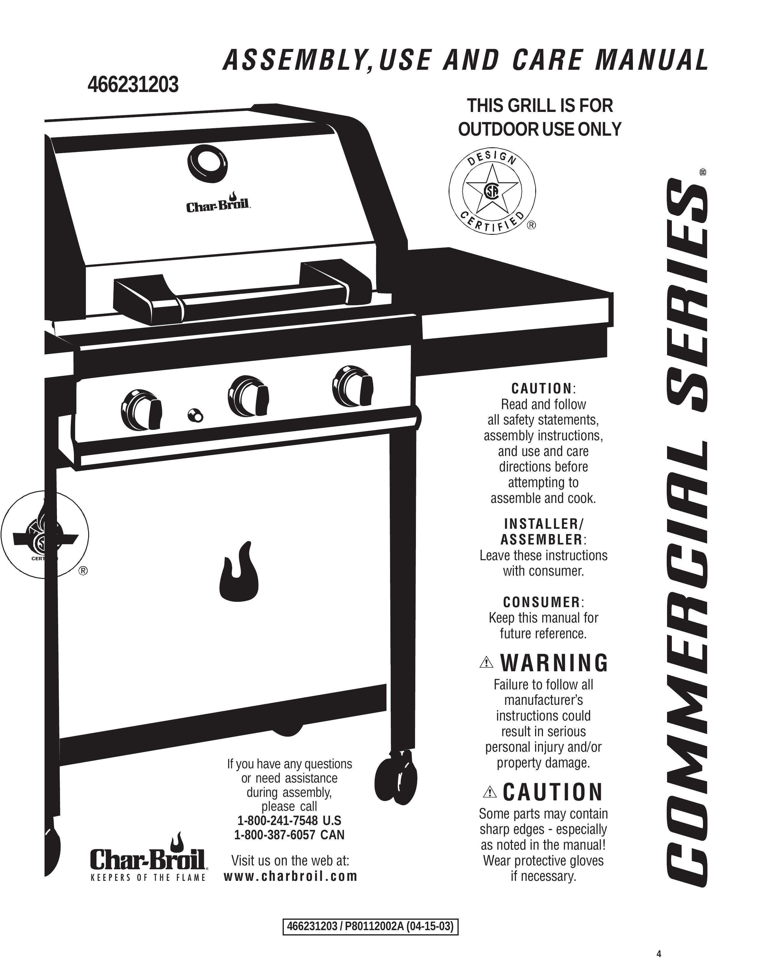 Char-Broil 466231203 Gas Grill User Manual