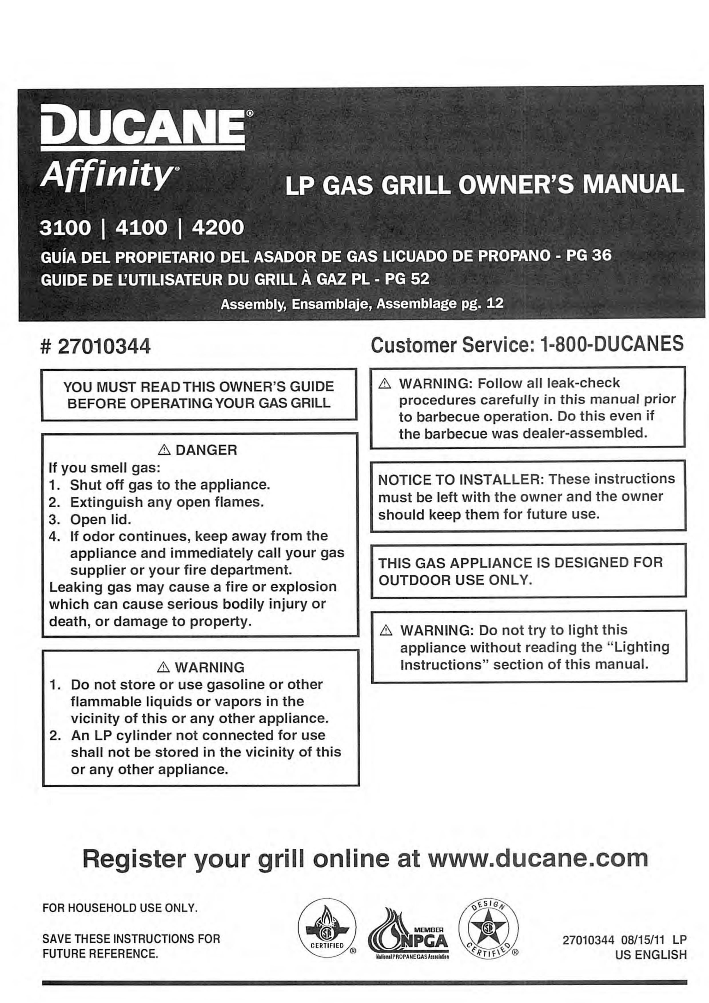Ducane 31741101 Gas Grill User Manual