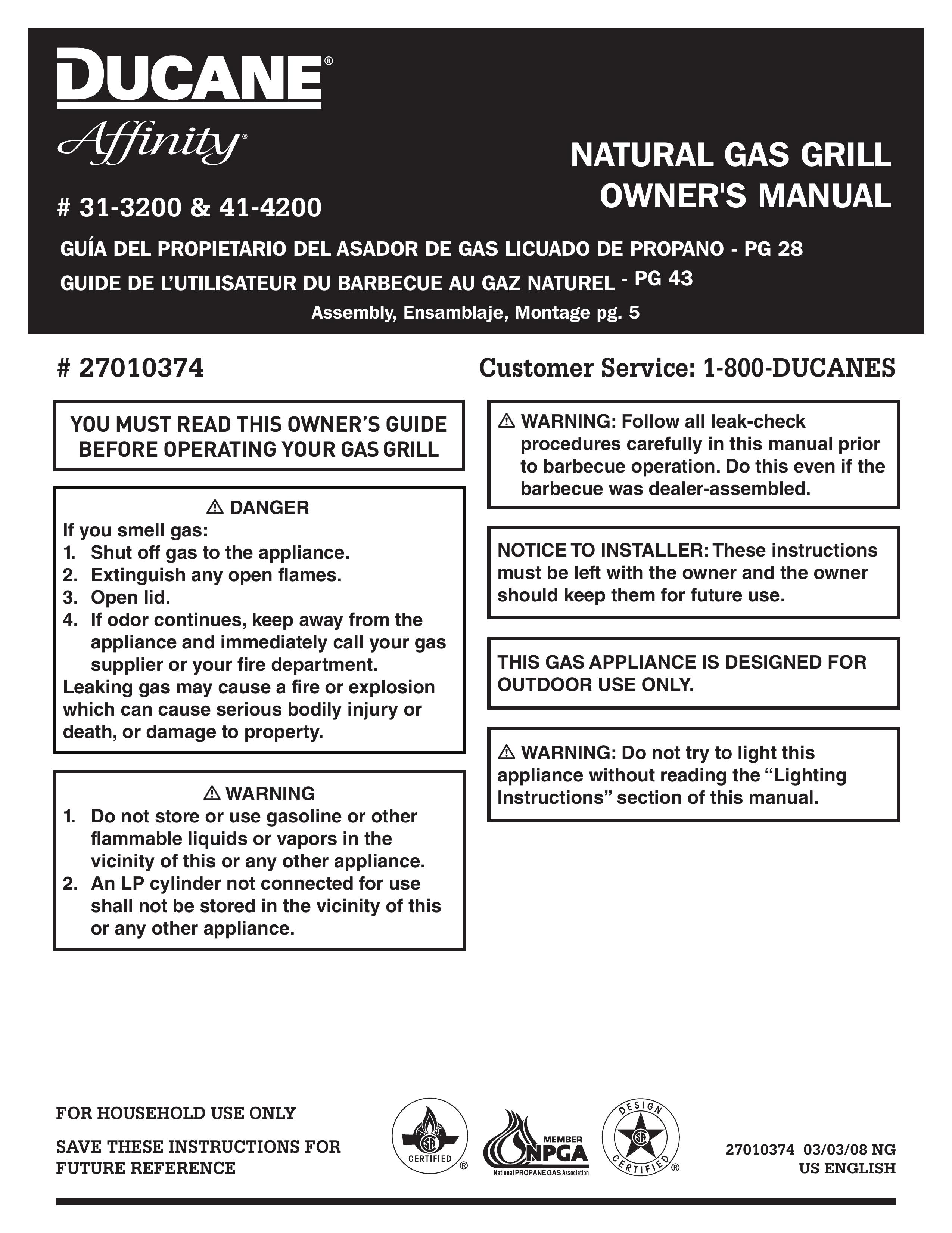 Ducane Affinity Natural Gas Grill Gas Grill User Manual