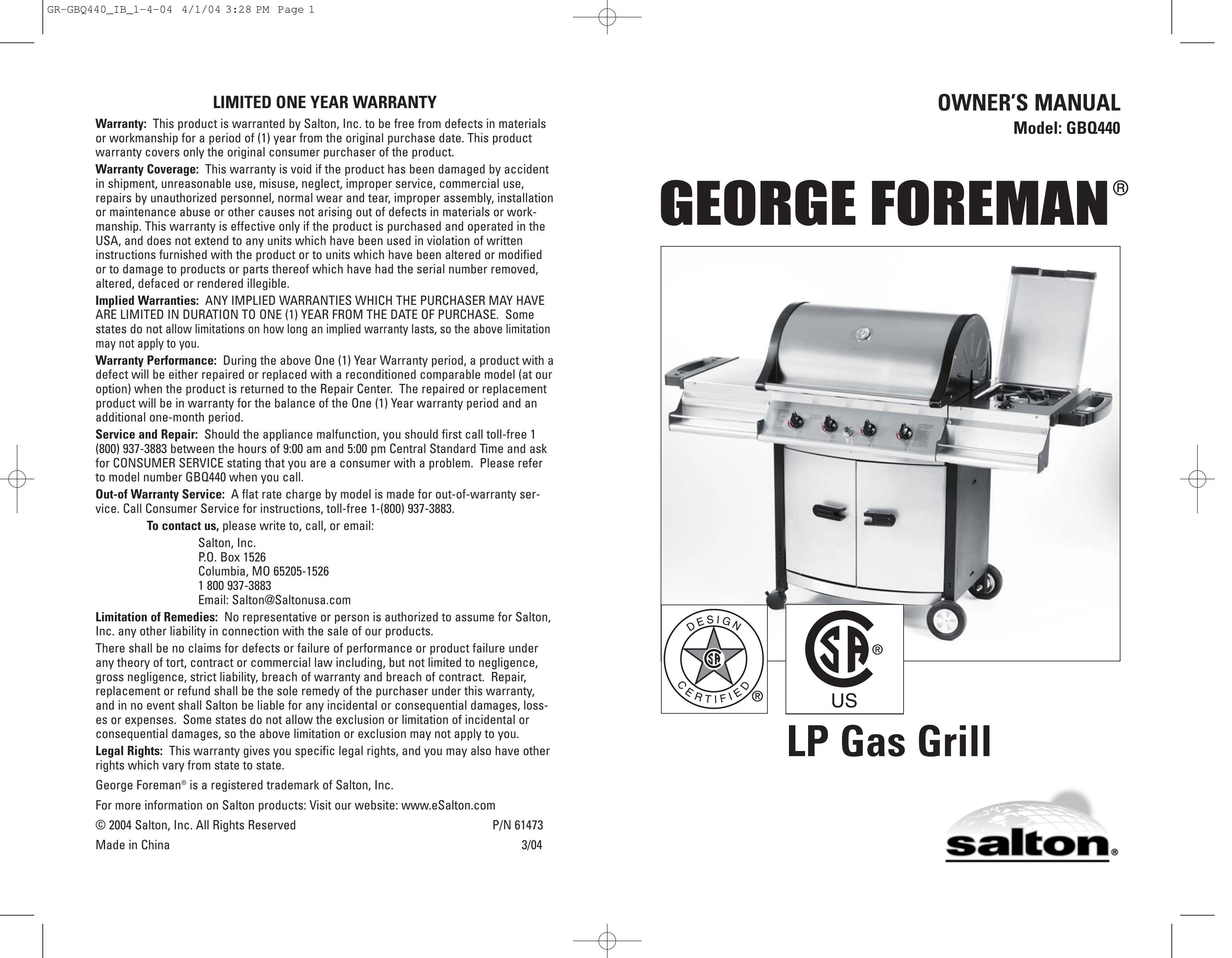 George Foreman GBQ440 Gas Grill User Manual