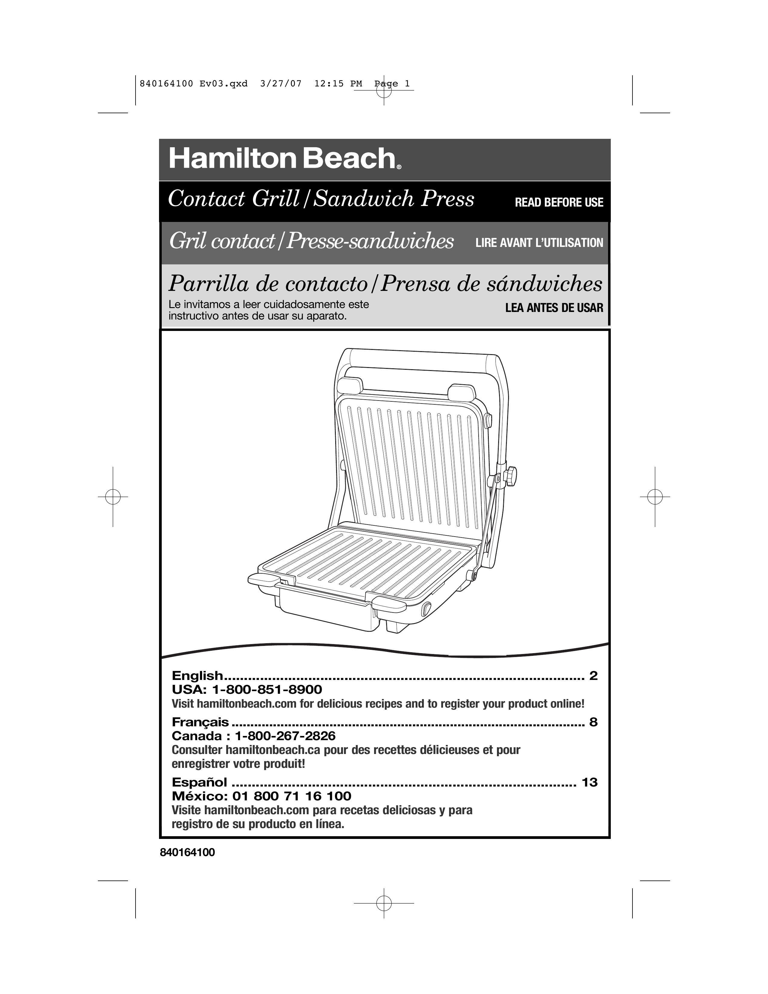 Hamilton Beach 25451 Gas Grill User Manual