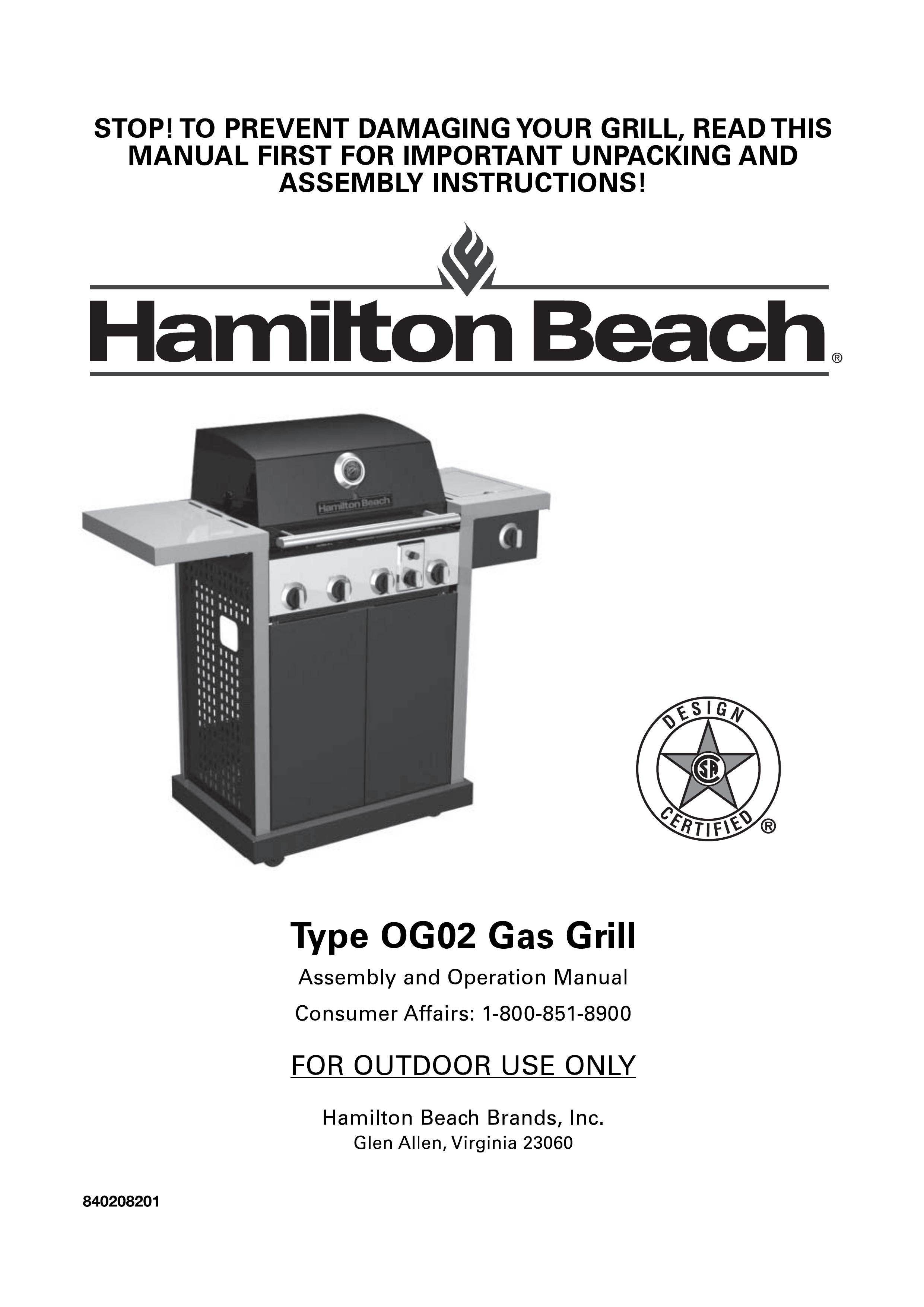Hamilton Beach 840208201 Gas Grill User Manual
