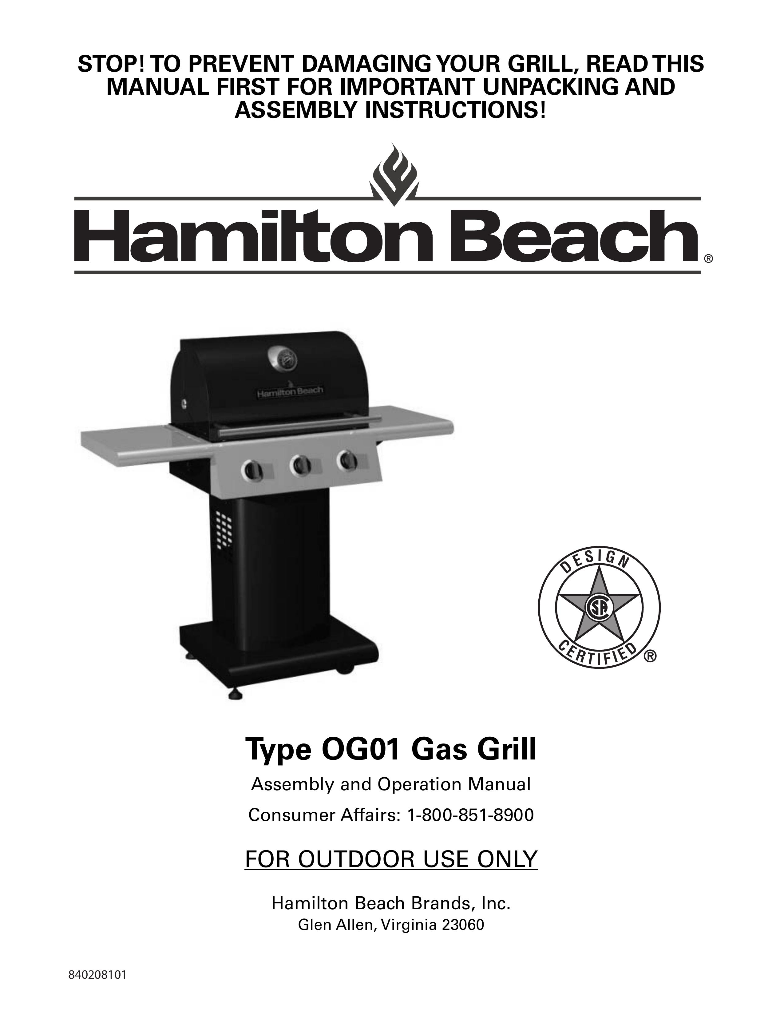 Hamilton Beach OG01 Gas Grill User Manual