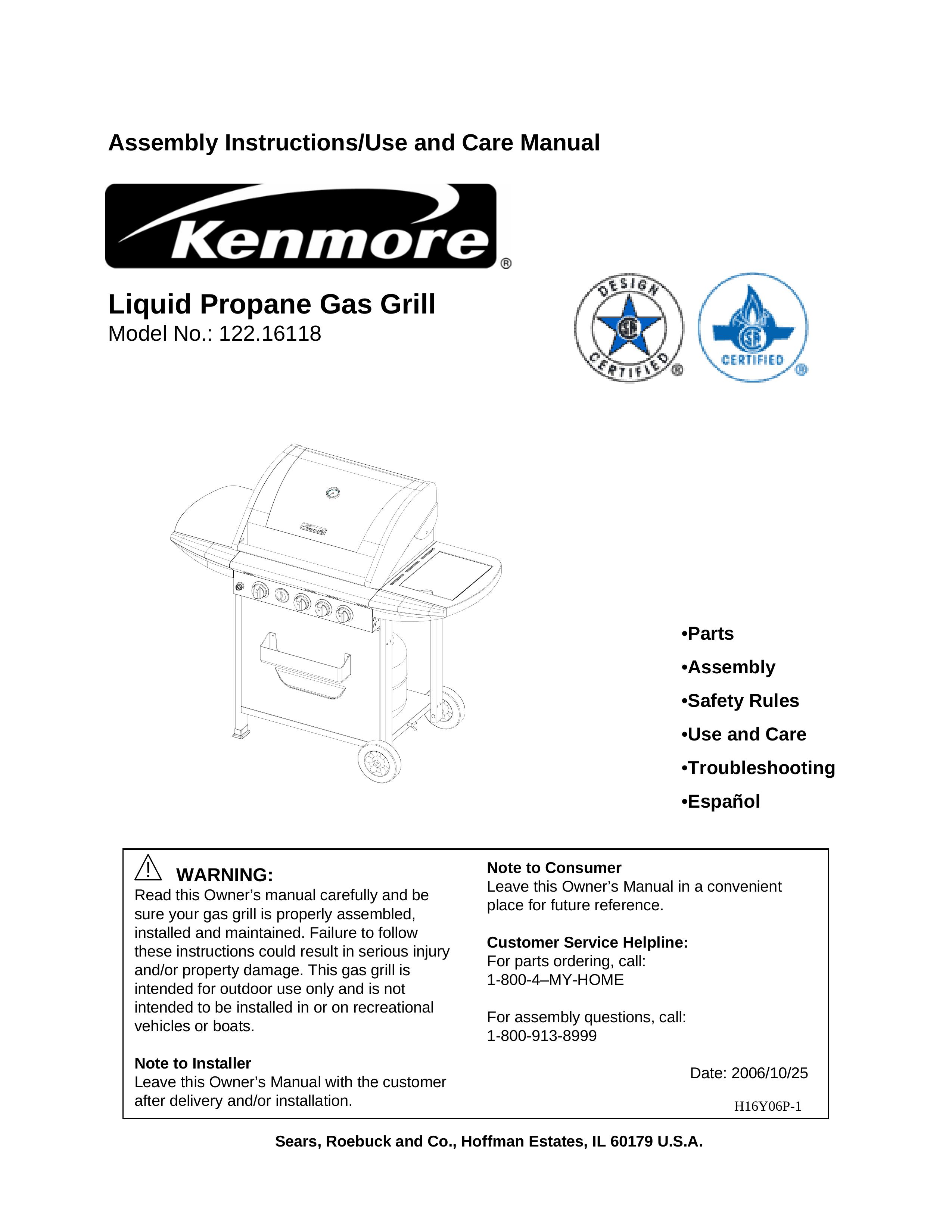 Kenmore 122.16118 Gas Grill User Manual