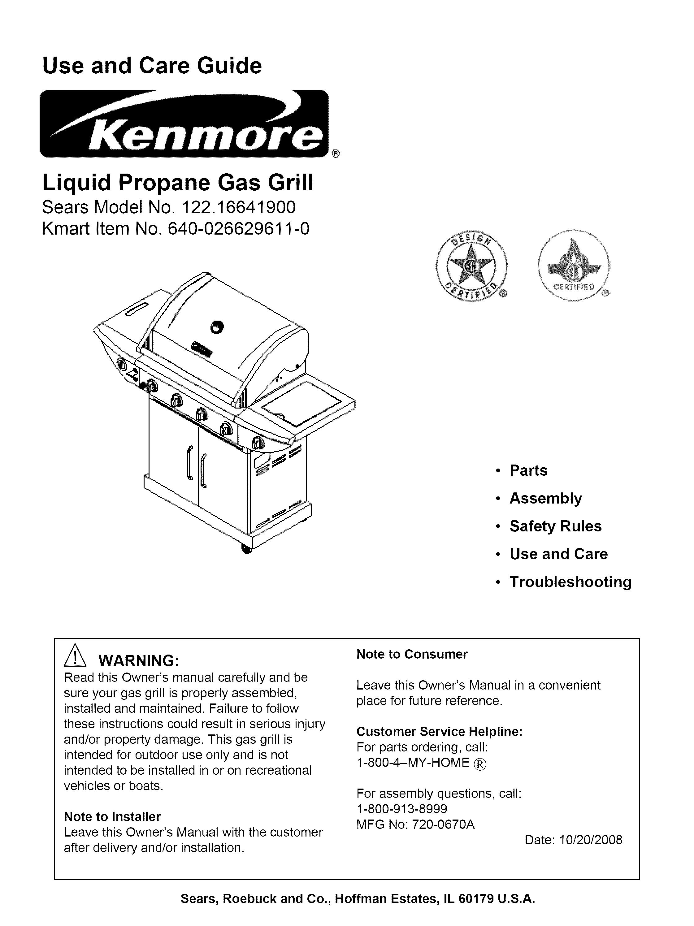 Kenmore 122.16641900 Gas Grill User Manual