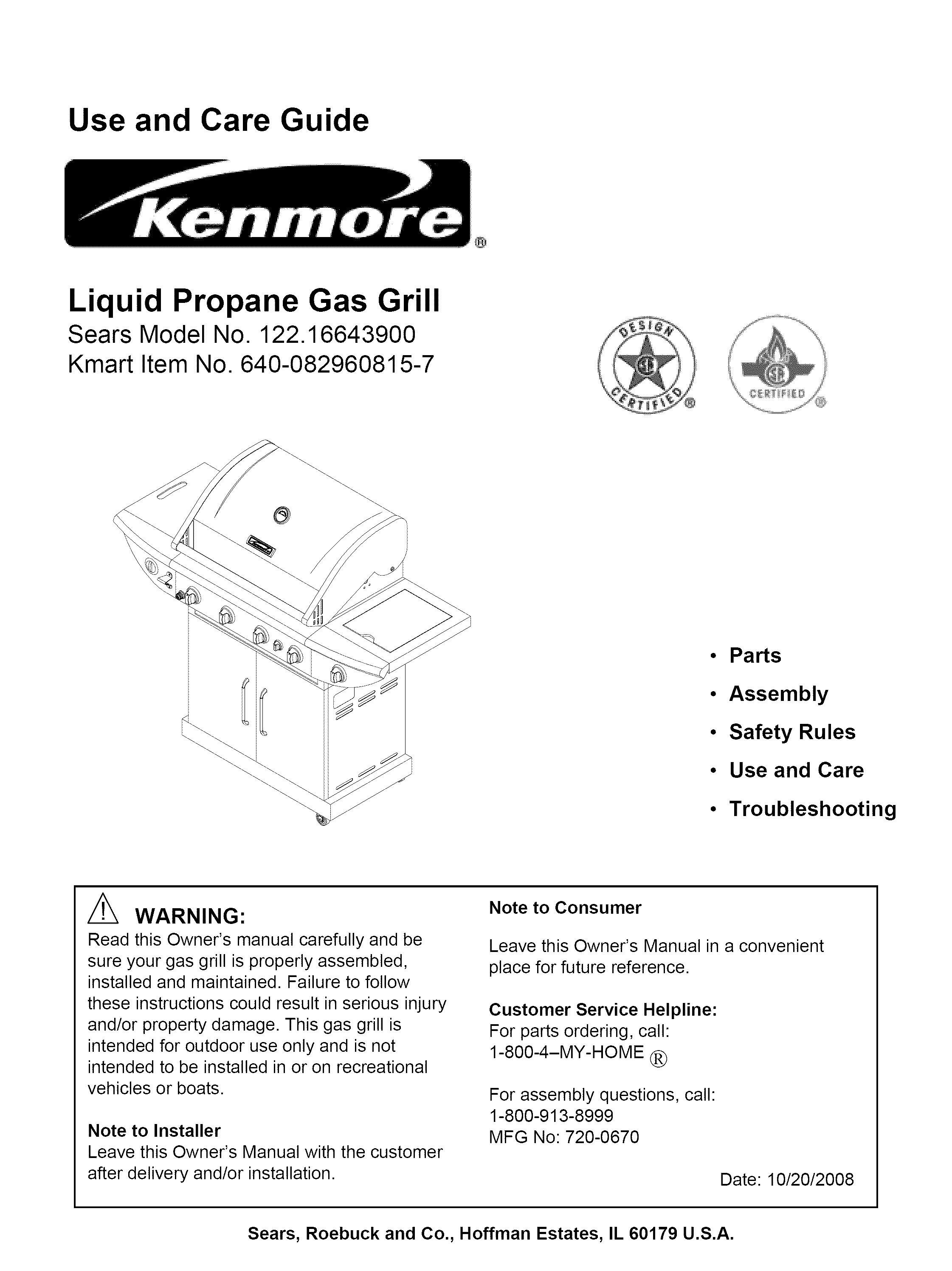 Kenmore 122.16643900 Gas Grill User Manual