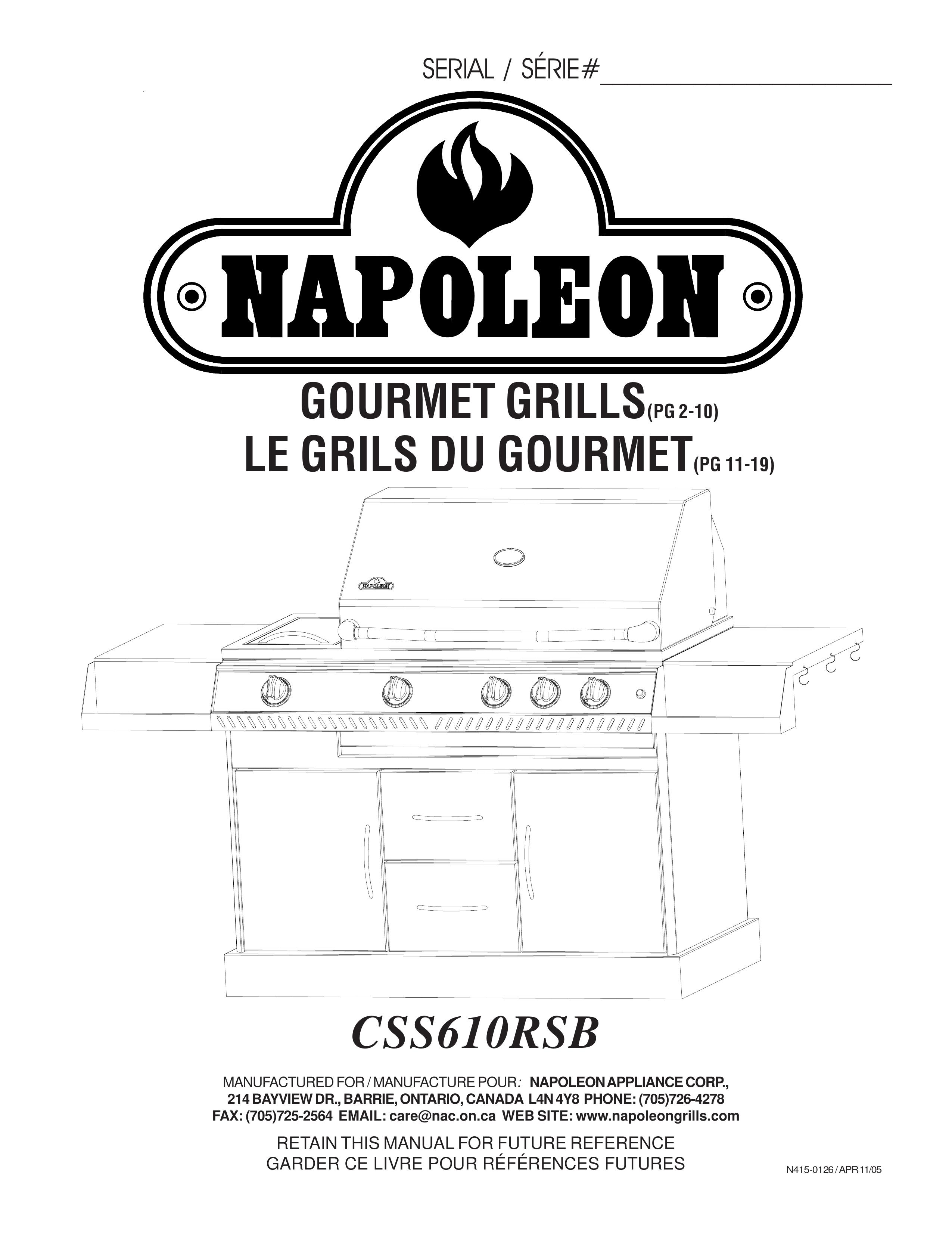 Napoleon Grills CSS610RSB Gas Grill User Manual