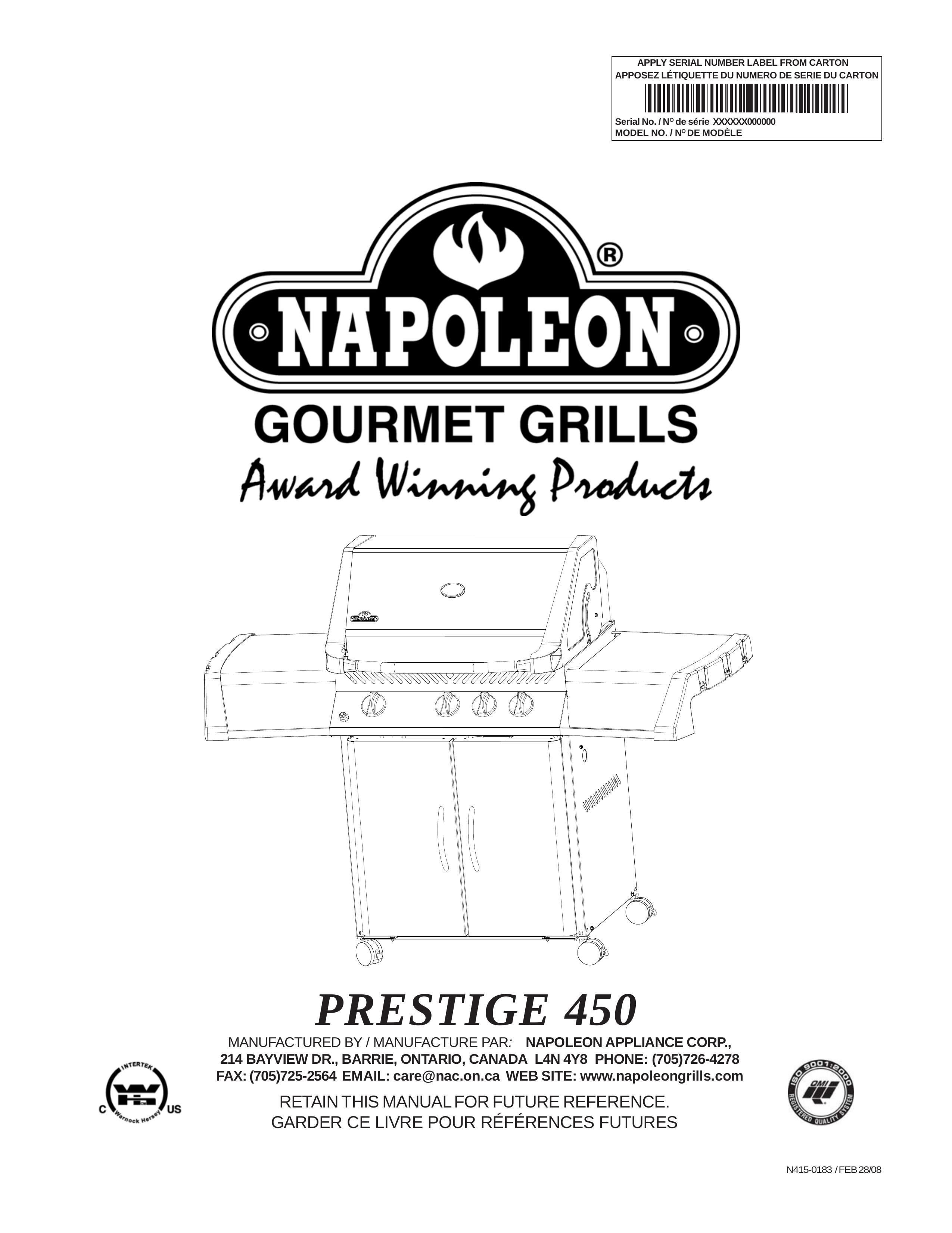 Napoleon Grills Prestige 450 Gas Grill User Manual