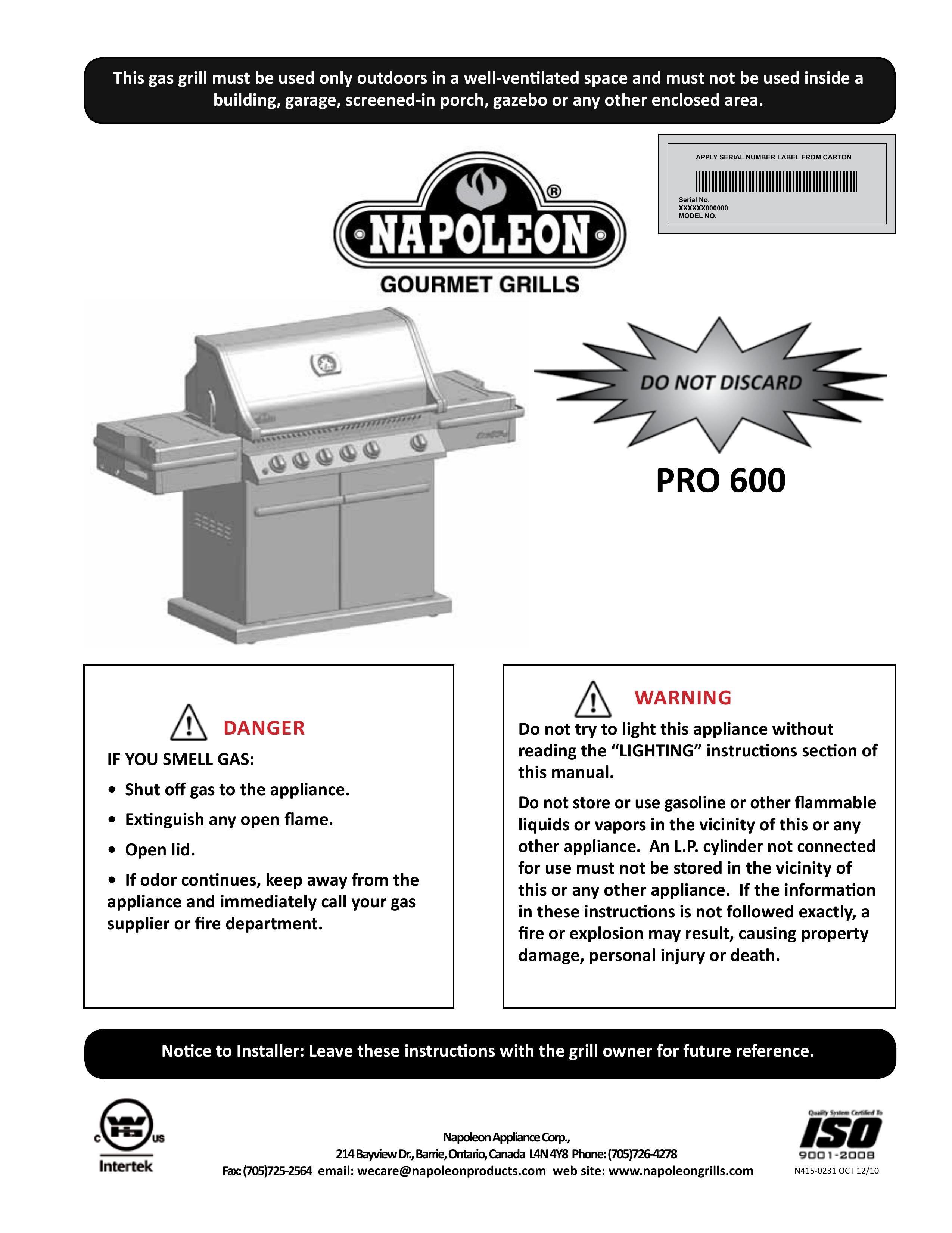 Napoleon Grills PRO 600 Gas Grill User Manual