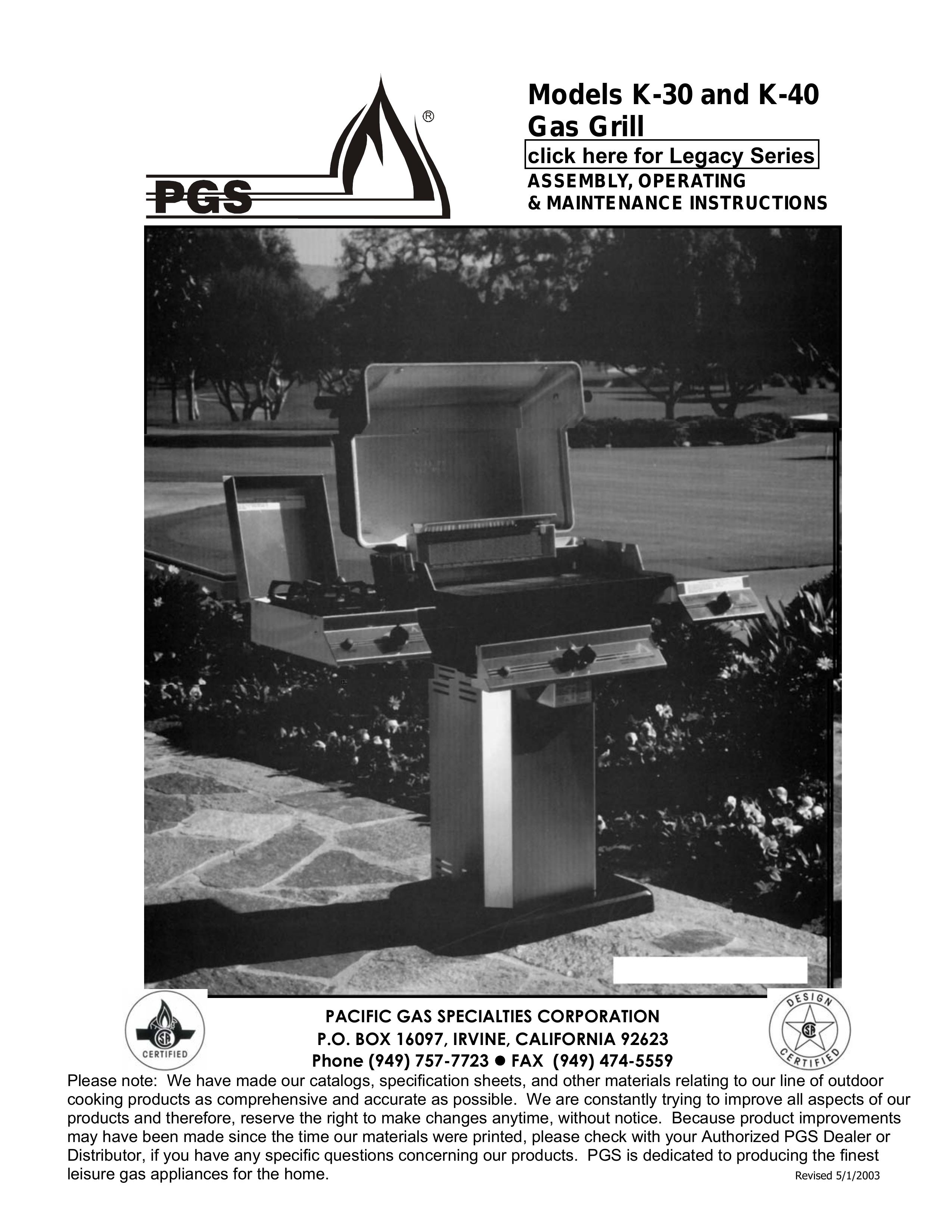 PGS K-40 Gas Grill User Manual