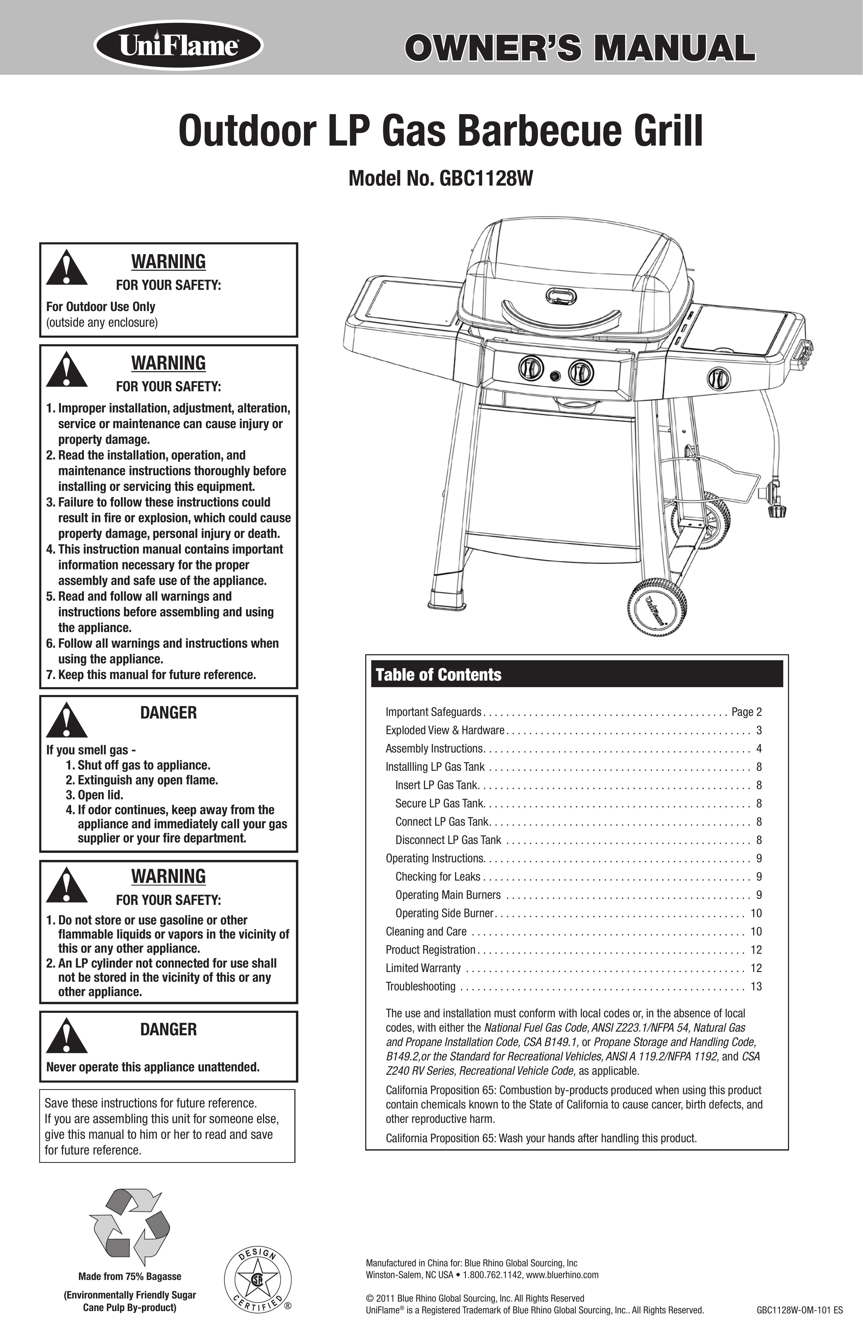 Uniflame GBC1128W Gas Grill User Manual