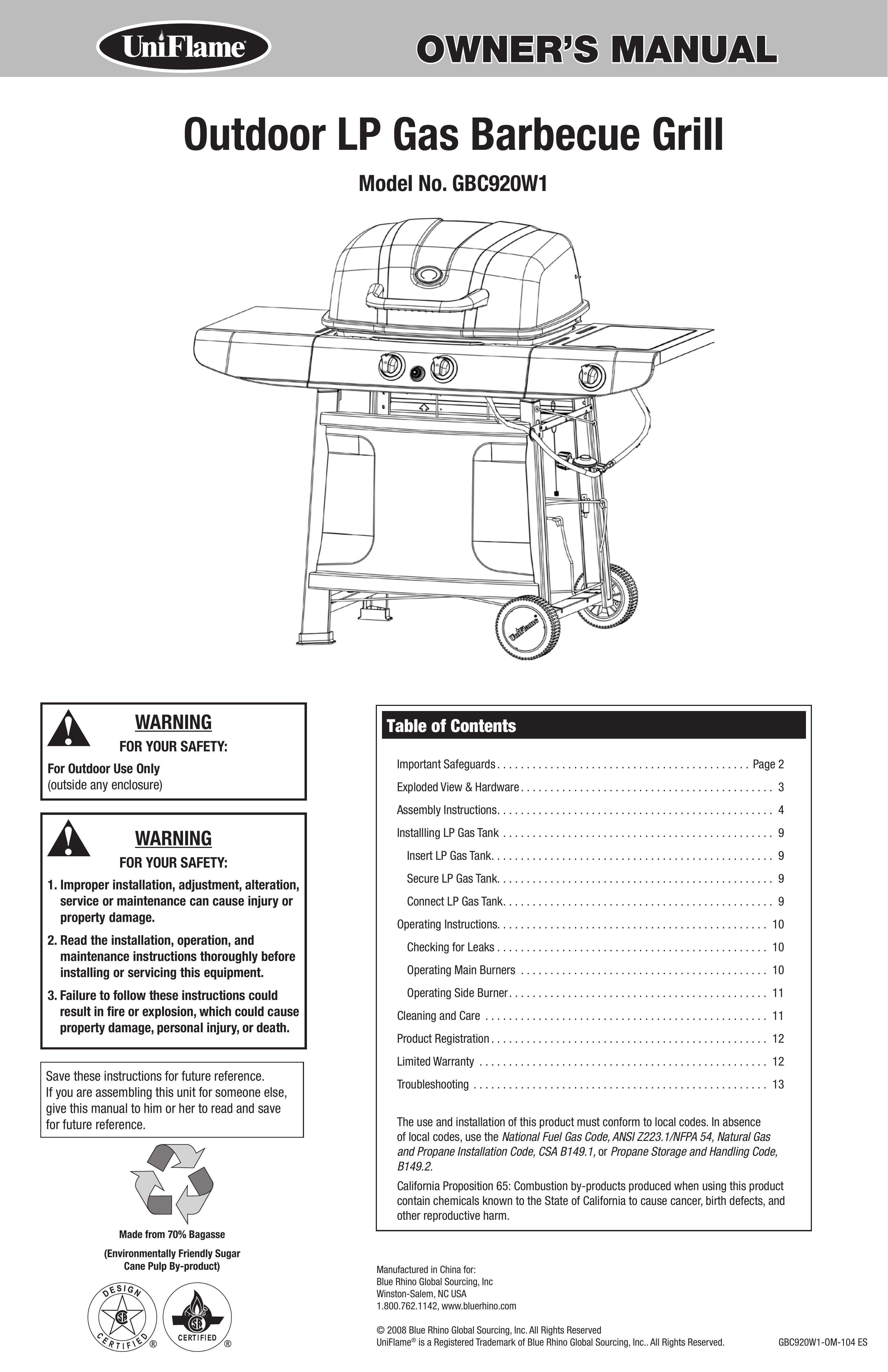 Uniflame GBC920W1 Gas Grill User Manual
